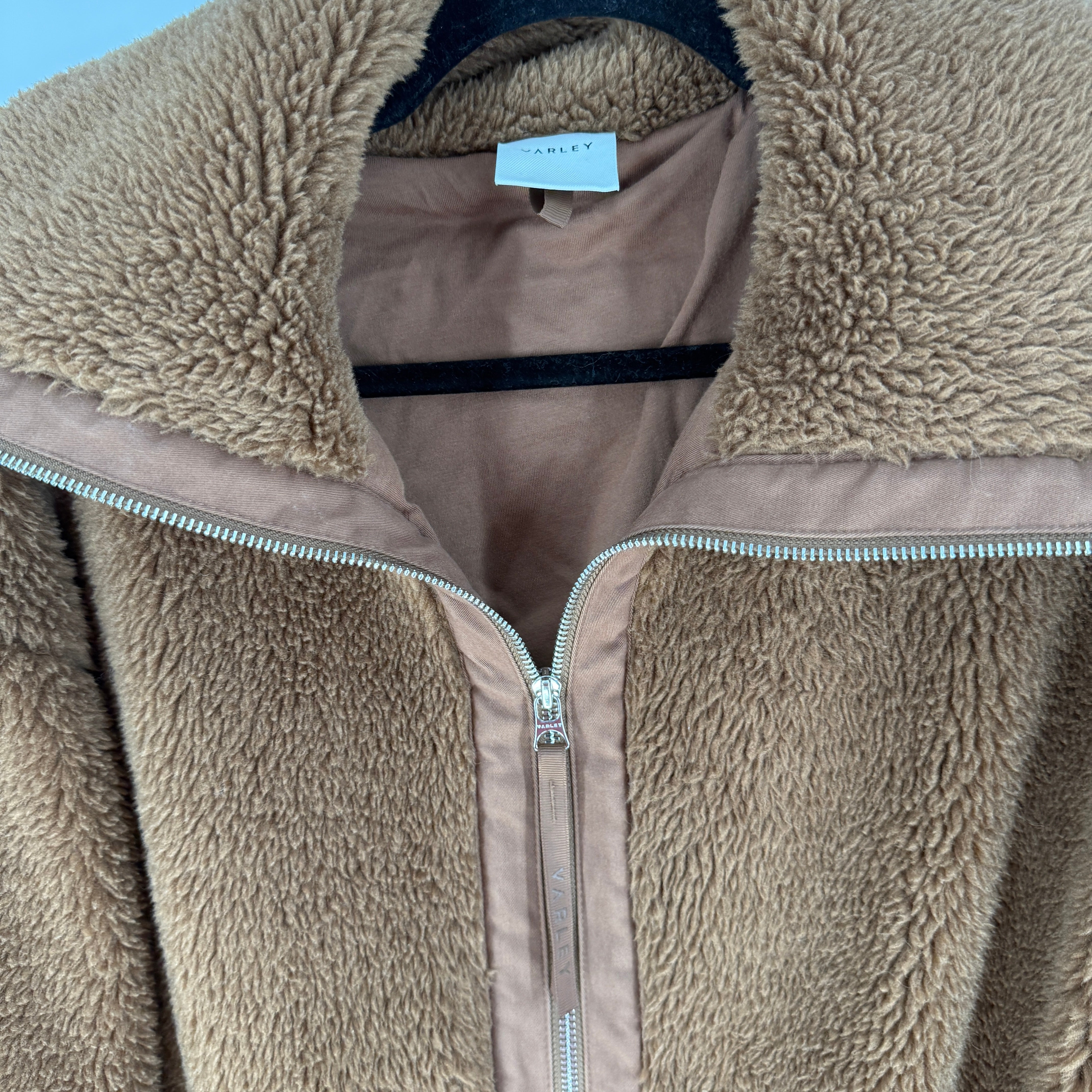 Varley Logan Sherpa Faux Shearling Full Zip Spread Collar Coat Jacket Brown S
