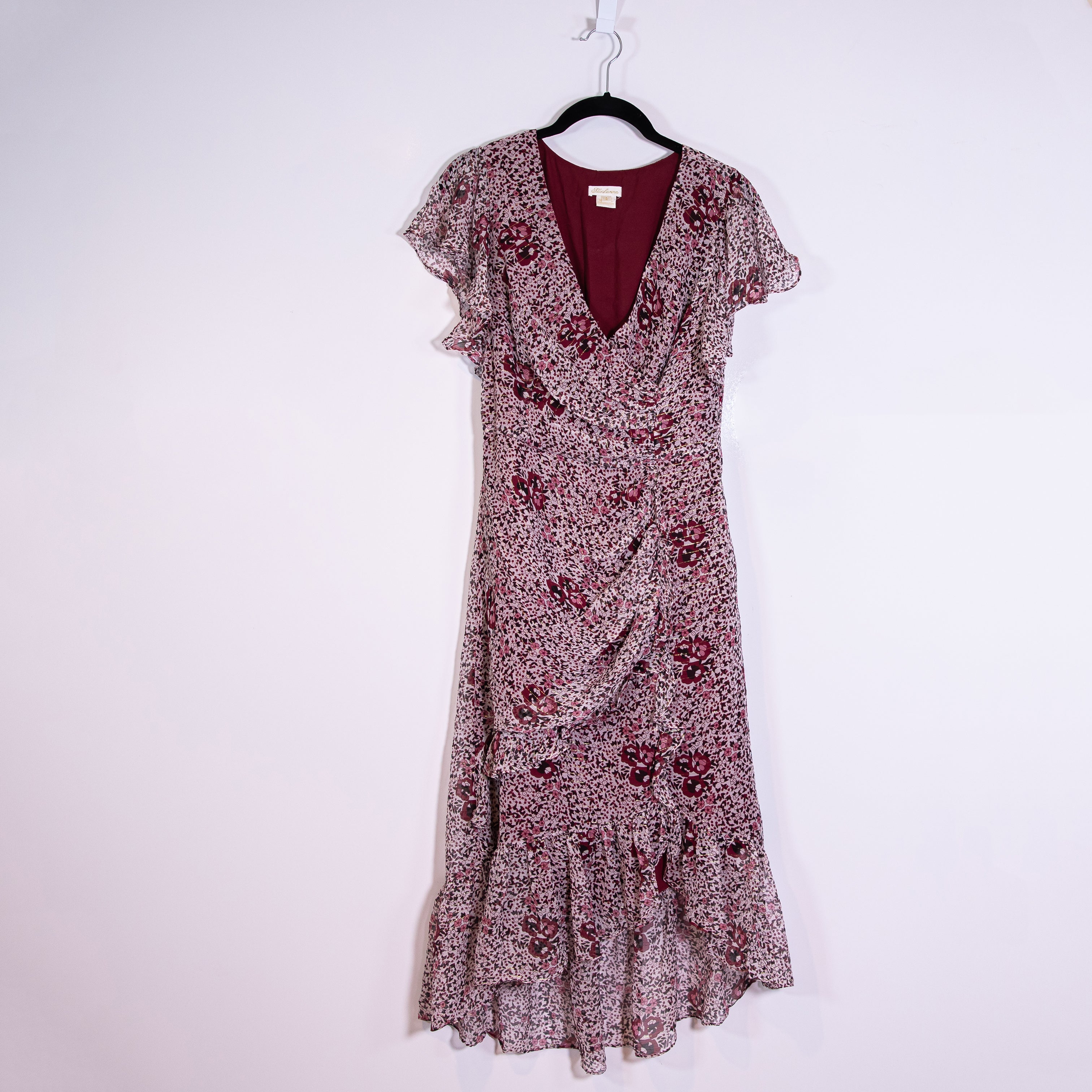 Shoshanna Elnora Silk Chiffon Ruched Boysenberry Multi Print Midi Dress 4