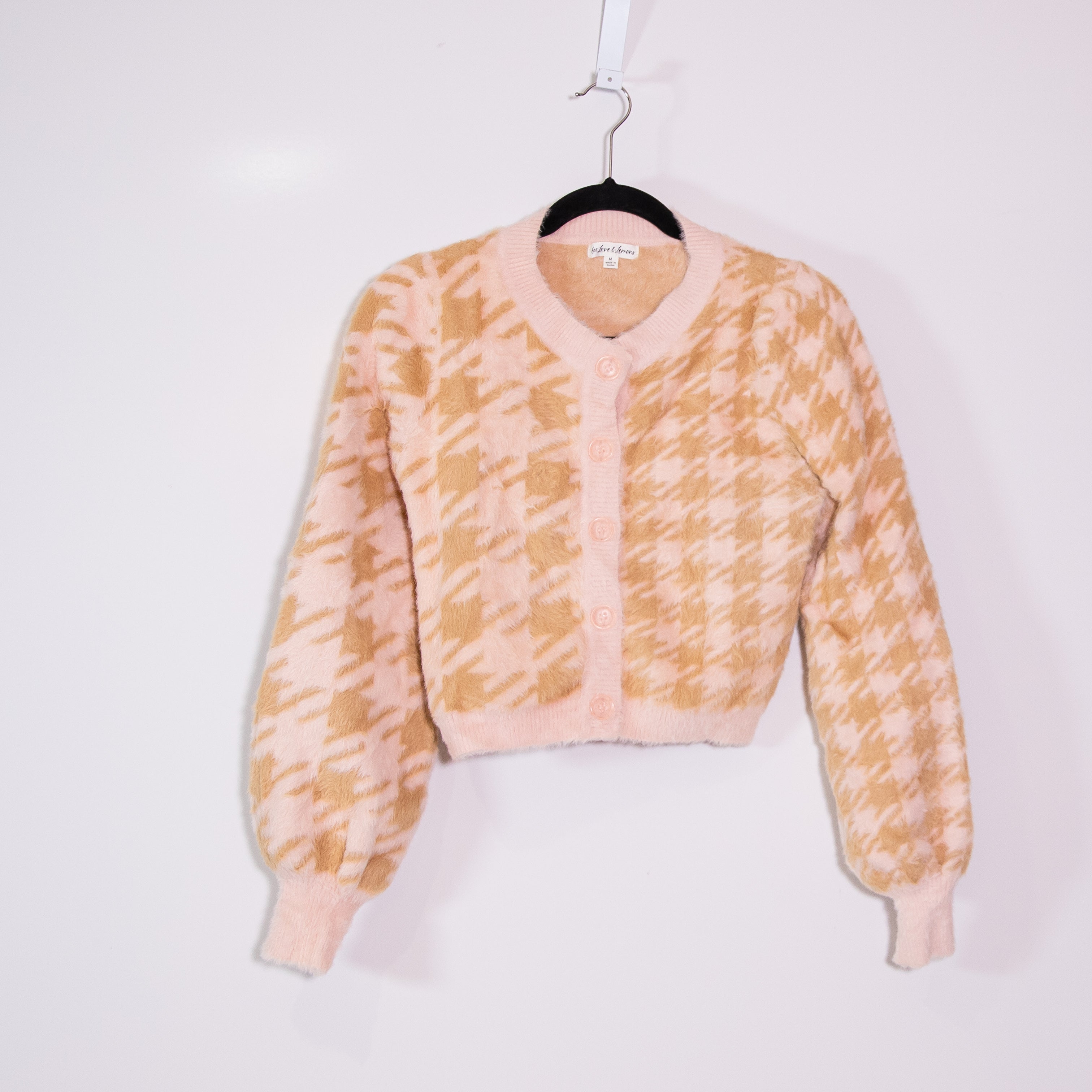 For Love And Lemons Cher Houndstooth Print Fuzzy Knit Cardigan Sweater Pink M