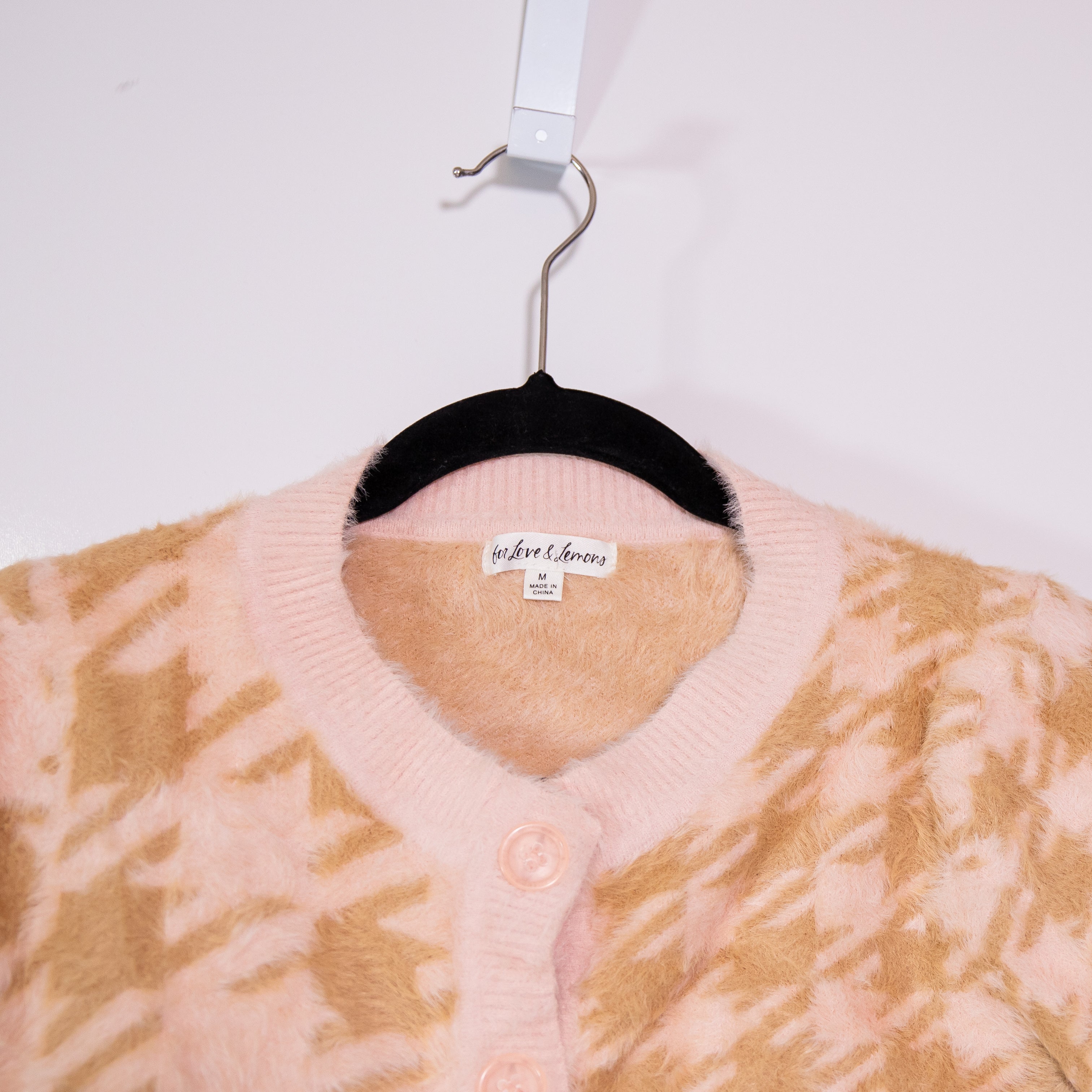For Love And Lemons Cher Houndstooth Print Fuzzy Knit Cardigan Sweater Pink M