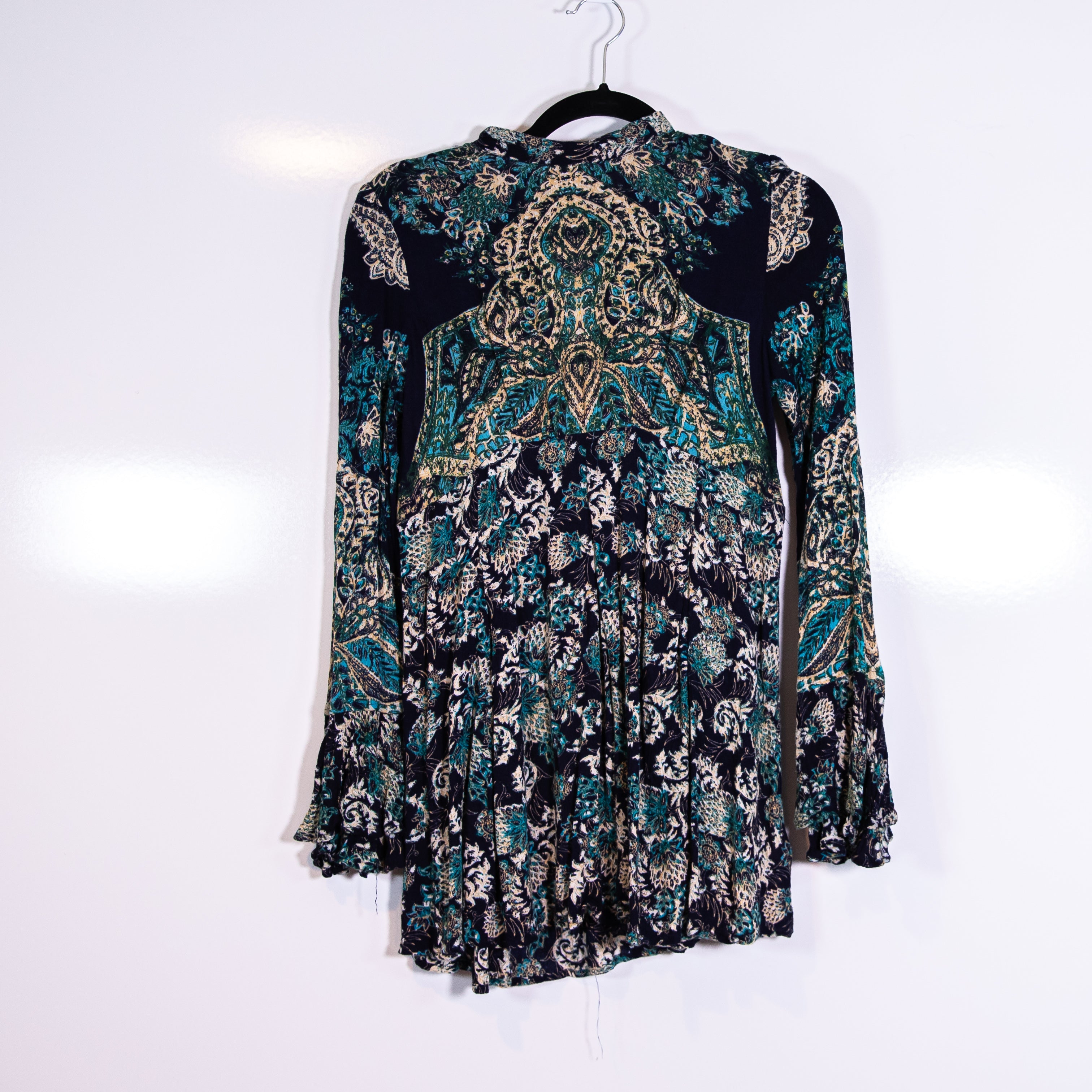 Free People Lady Luck High Neck Long Sleeves Cut Out Back Mini Tunic Dress Blue