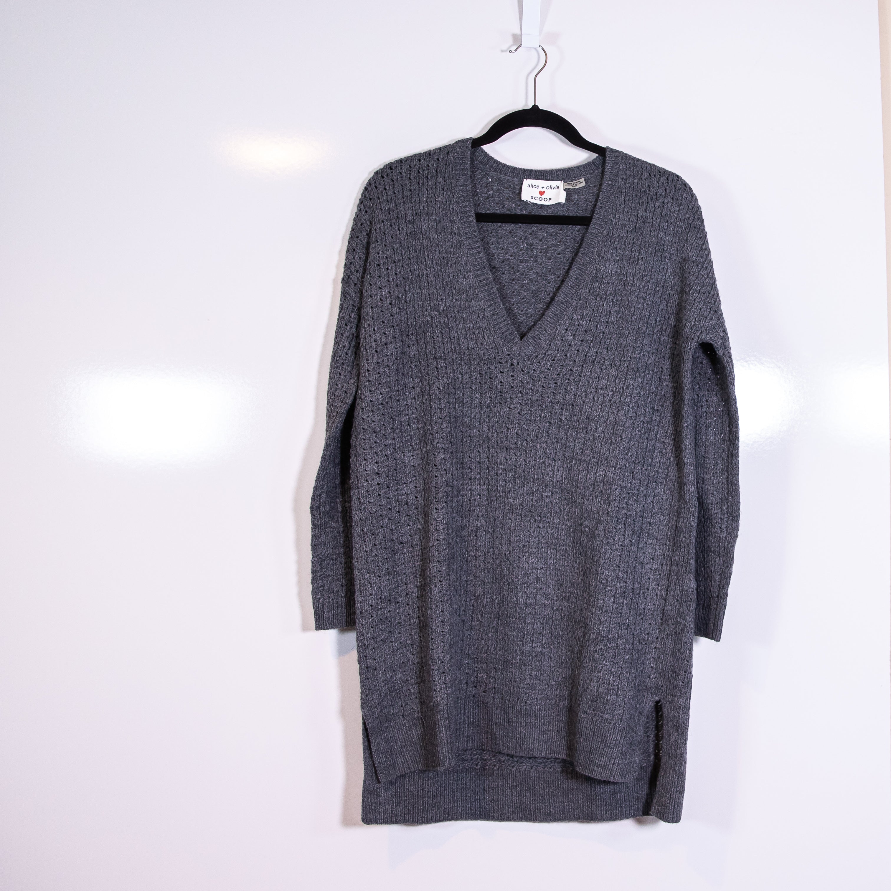 Alice And Olivia Wool Alpaca Blend Knit Stretch V Neck Pullover Sweater Dress XS