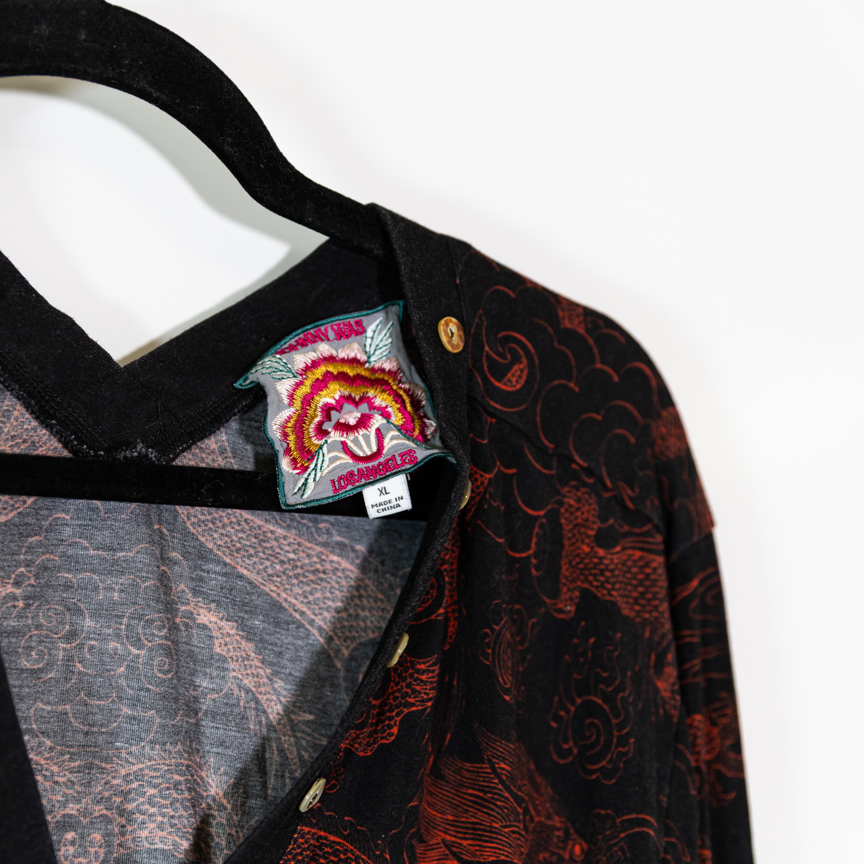 Johnny Was Mayla Button Neck Dragon Print Pattern Stretch Long Sleeve Knit Shirt