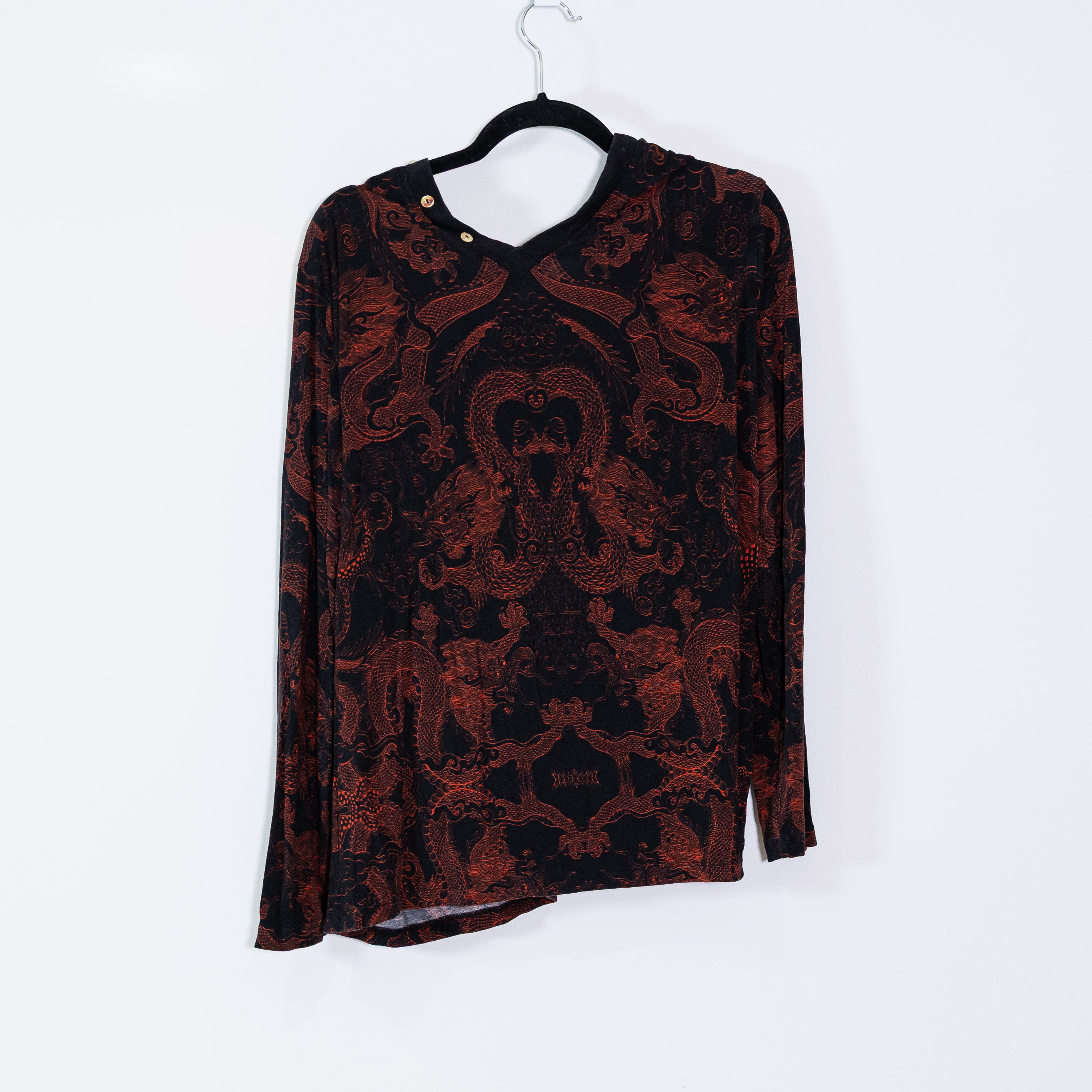 Johnny Was Mayla Button Neck Dragon Print Pattern Stretch Long Sleeve Knit Shirt