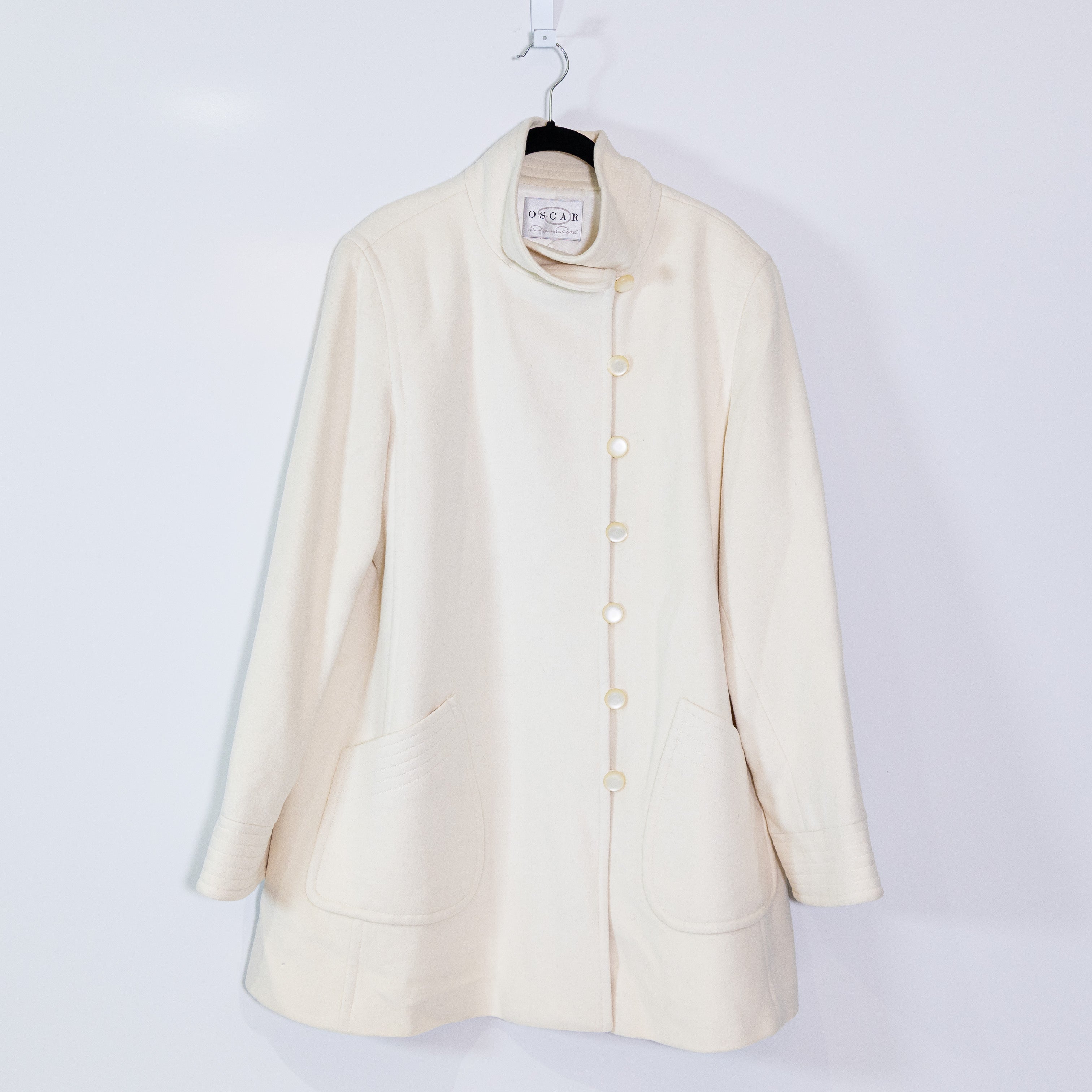 Oscar De La Renta Wool Blend Felt High Collar Pea Coat Jacket Button Up White L