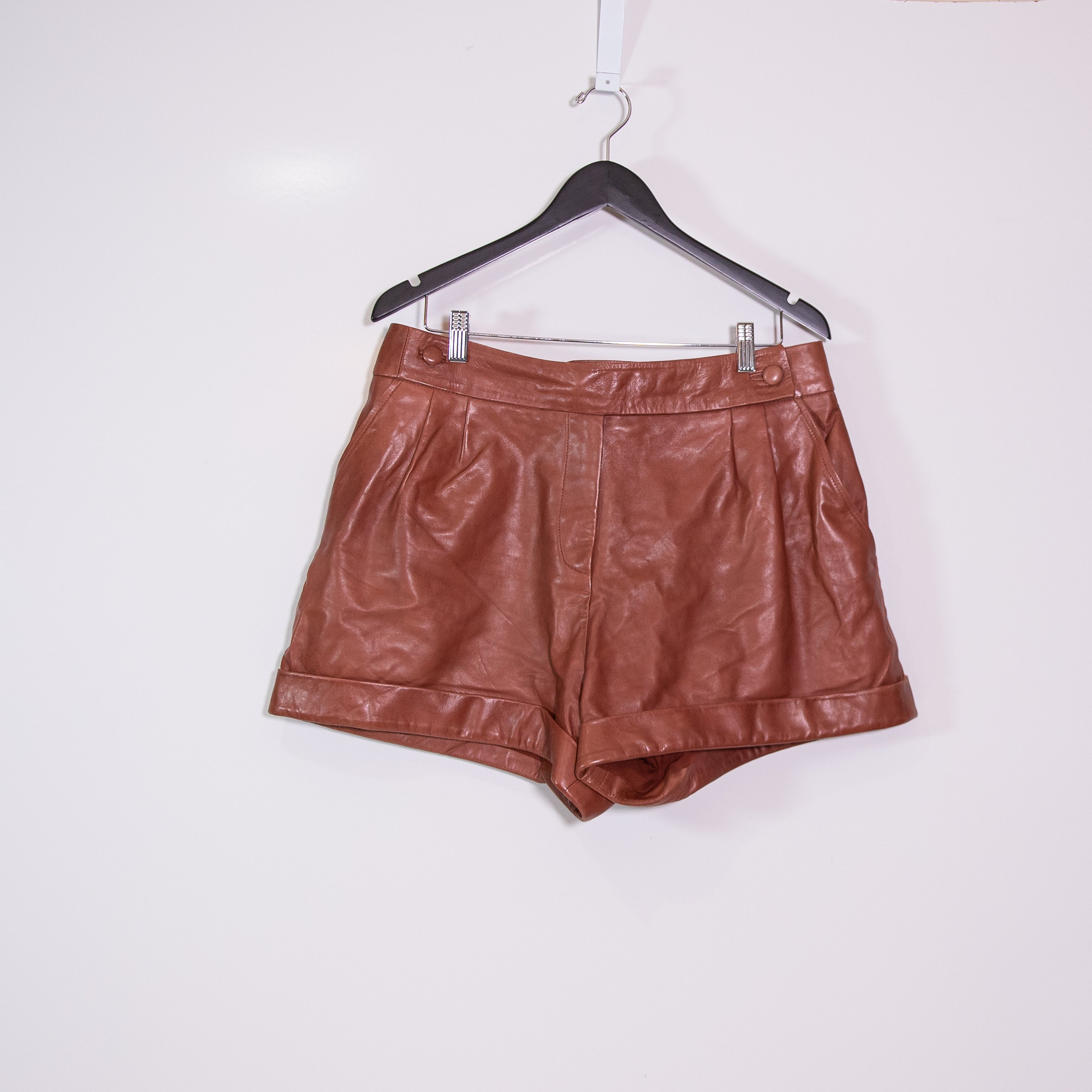 Sezane William Genuine Leather High Waisted Pleated Button Closure Mini Shorts