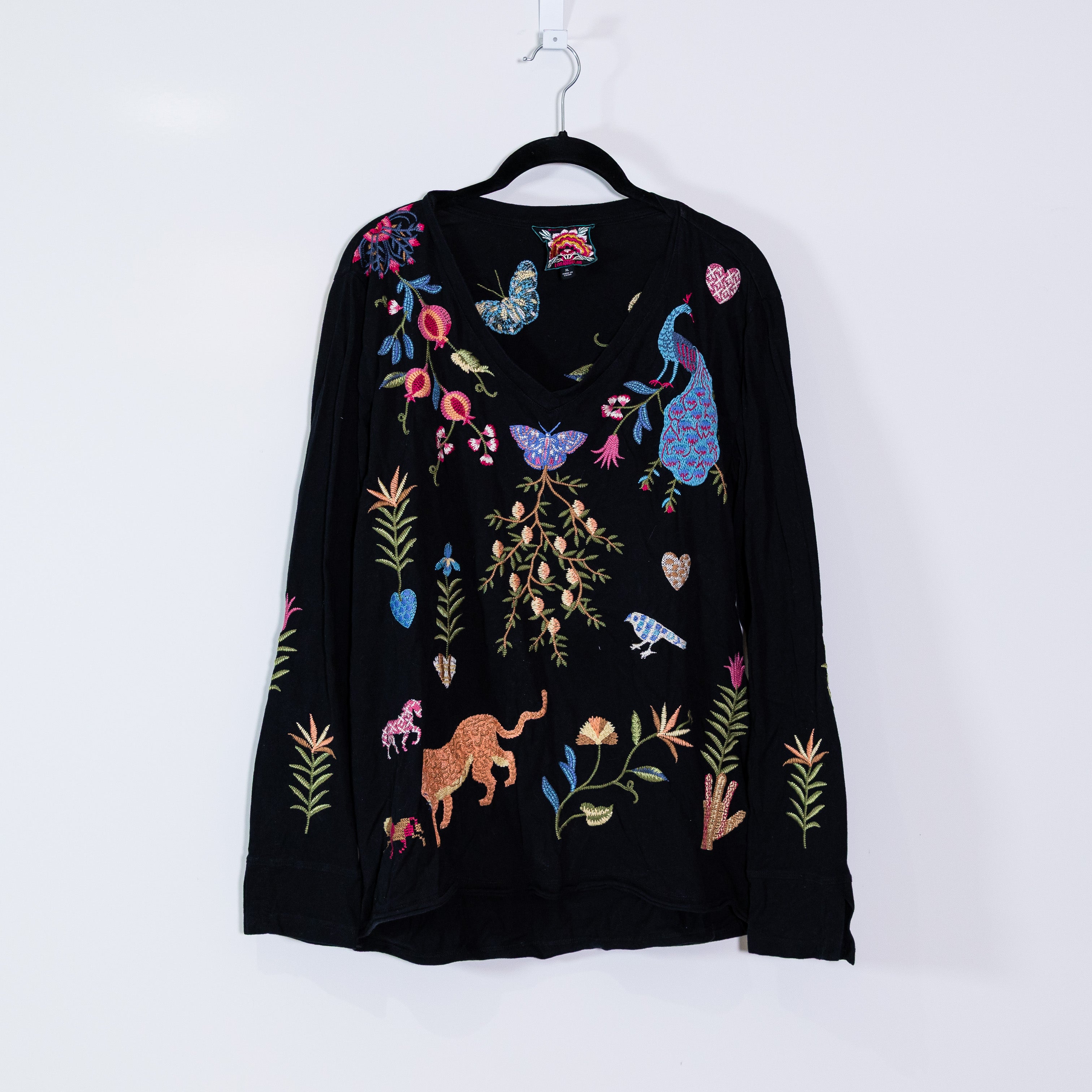 Johnny Was Adela Slit Sleeve Peacock Tiger Animal Embroidered Shirt Top XL