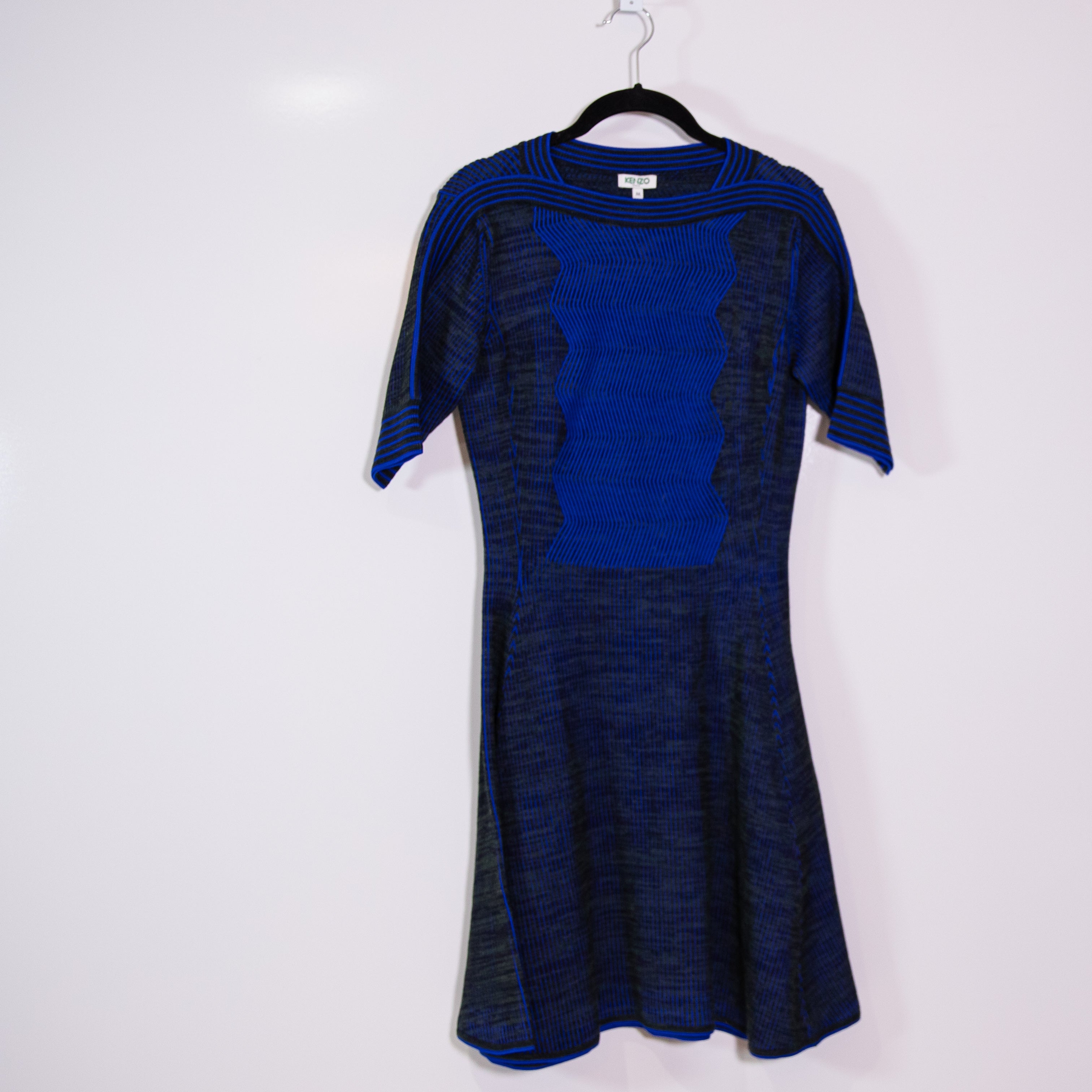 NEW Kenzo Wool Blend Knit Stretch Half Sleeve Fit Flare Sweater Dress Blue M