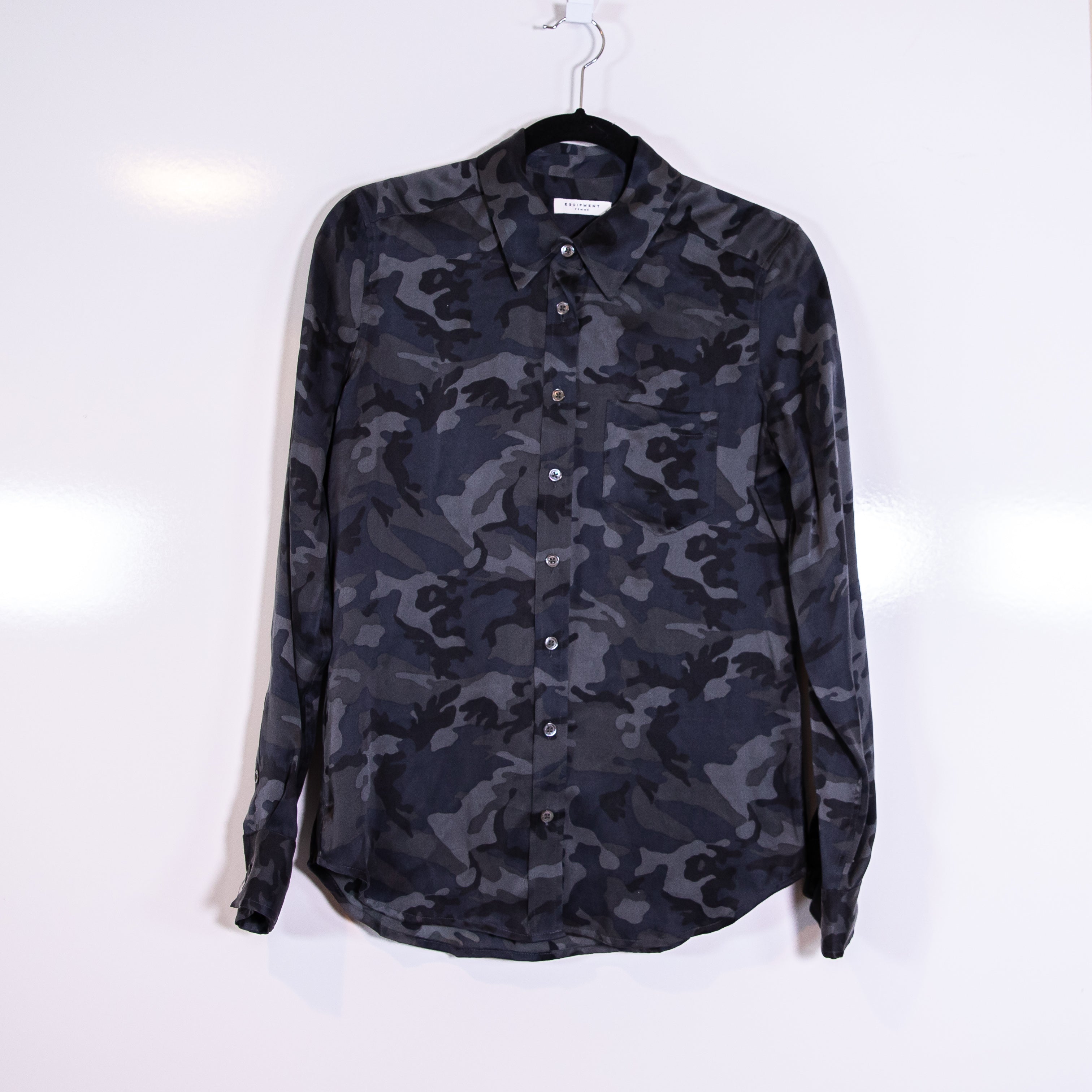 Equipment Women's Femme Camo Army Print Pattern Collared Button Down Blouse Army