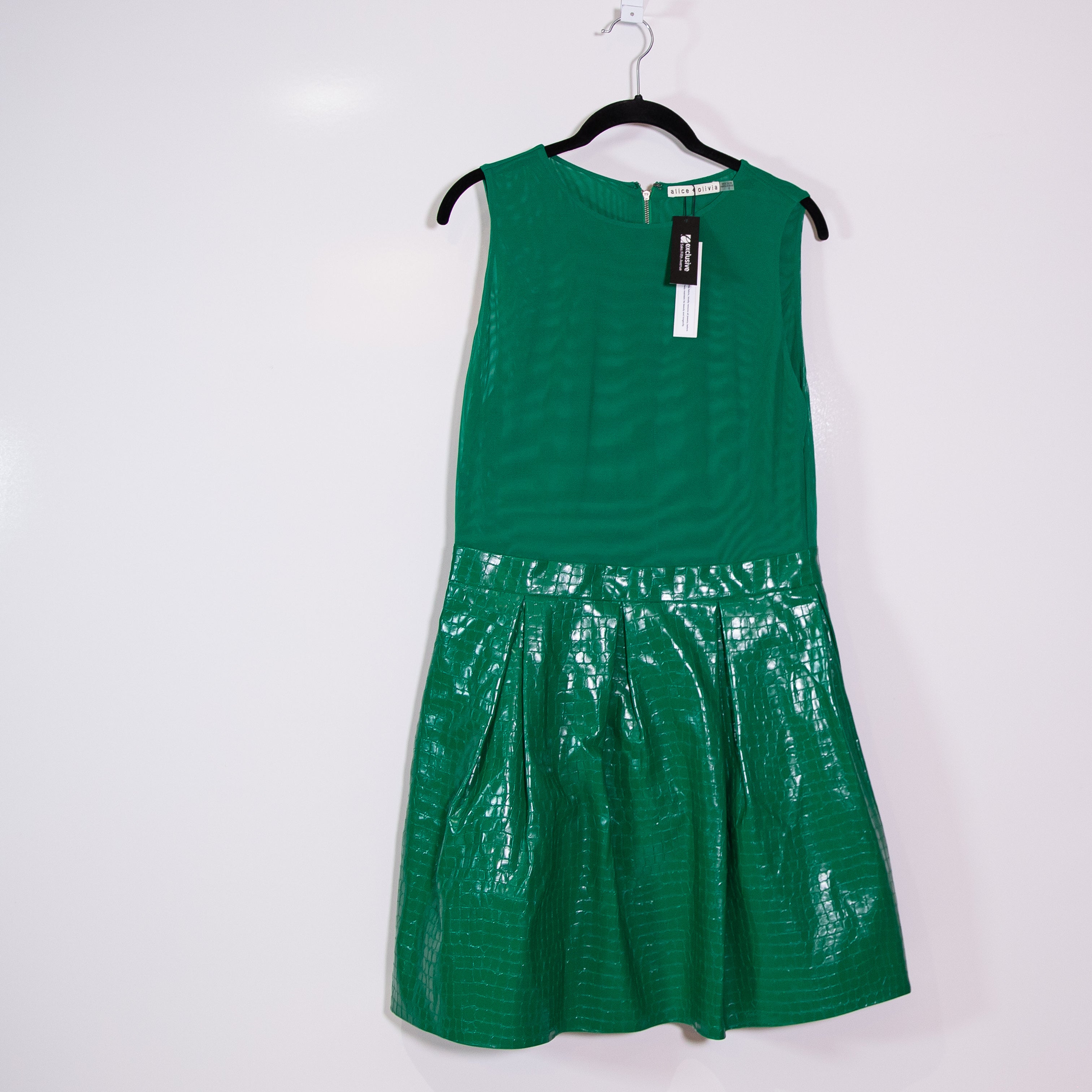 NEW Alice And Olivia Chara Croc Faux Vegan Leather Embossed Mini Dress Emerald
