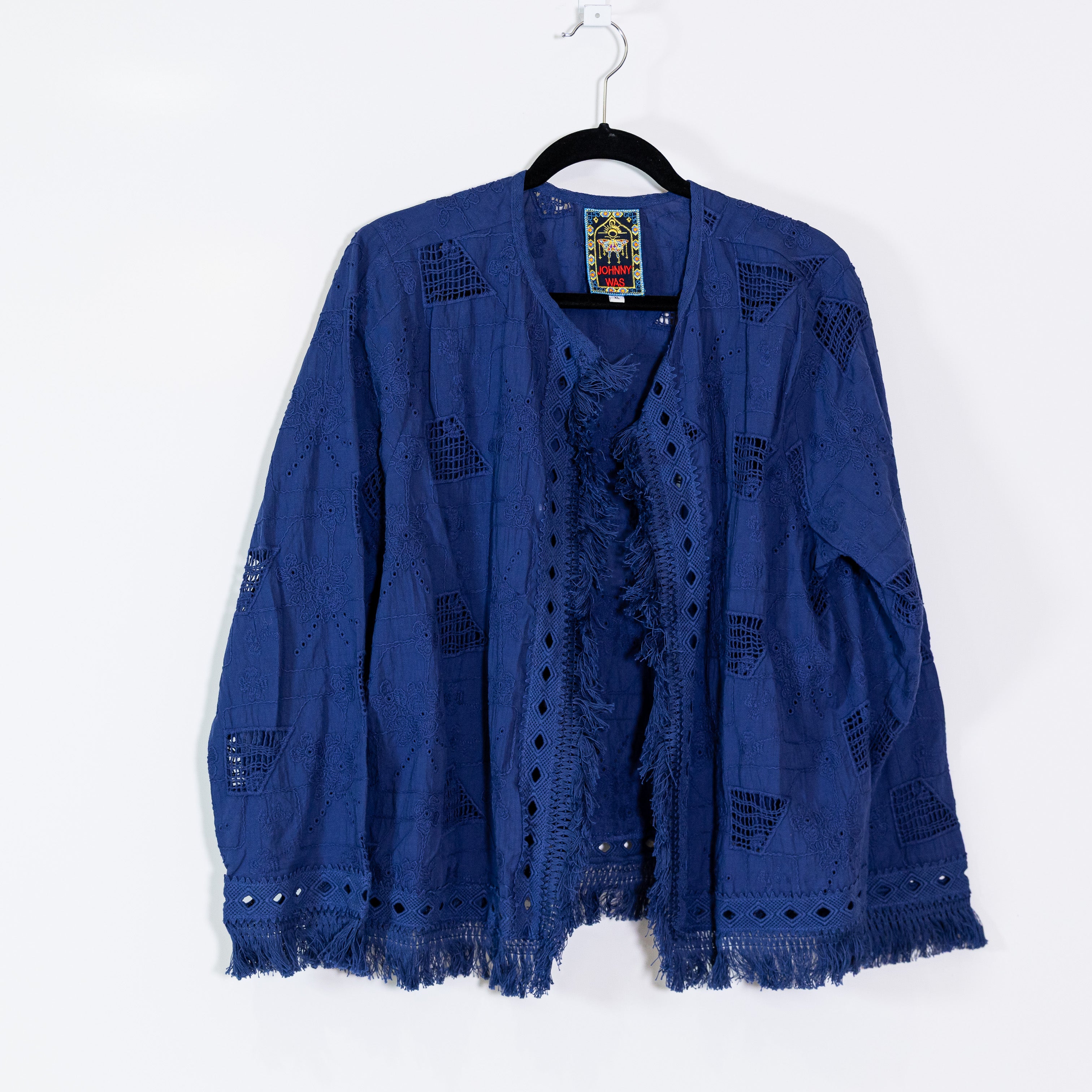 Johnny Was Kae Cotton Collarless Open Front Fringe Woven Patch Cardigan Sweater
