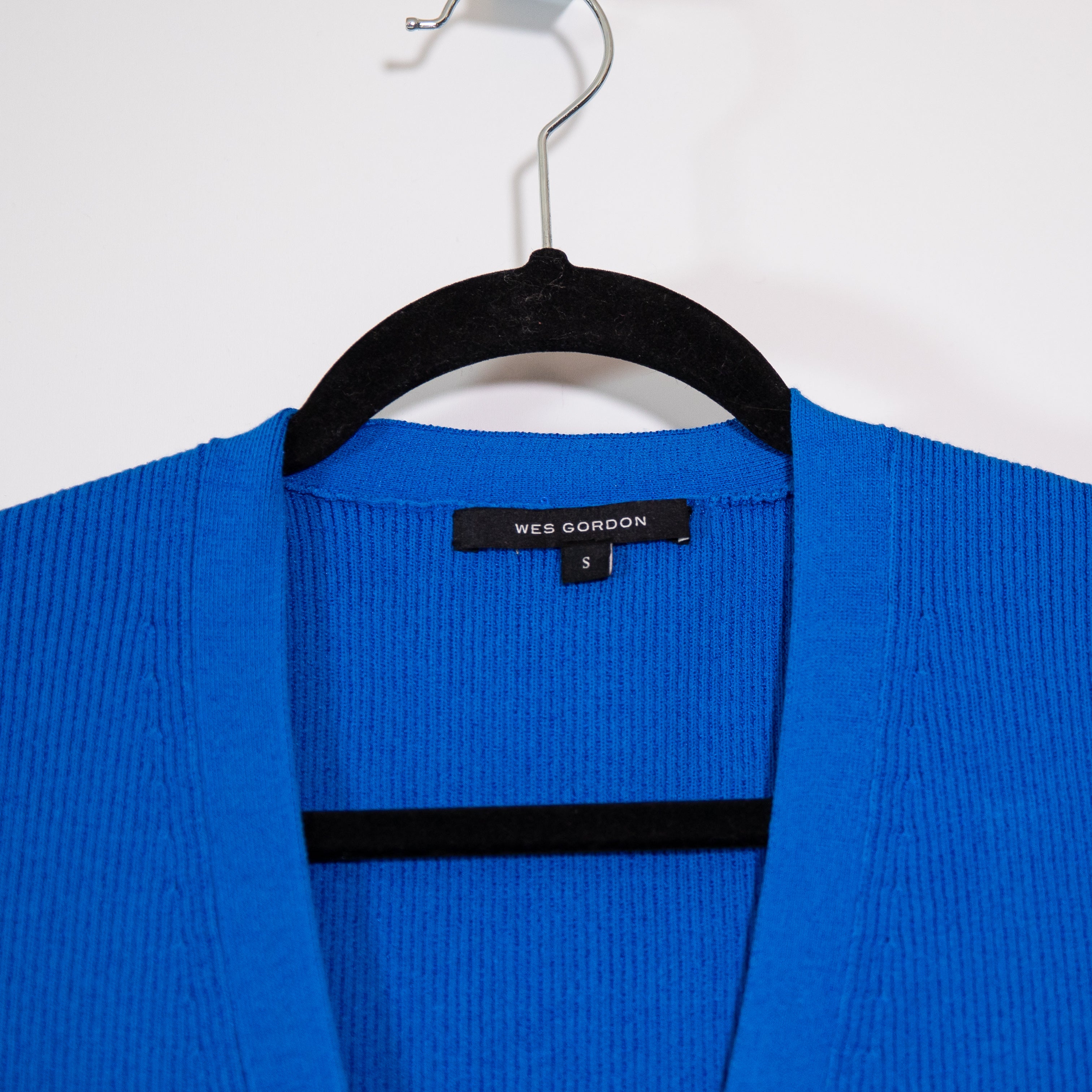 Wes Gordon Ribbed Knit Stretch V Neck Button Front Pocket Cardigan Sweater Blue