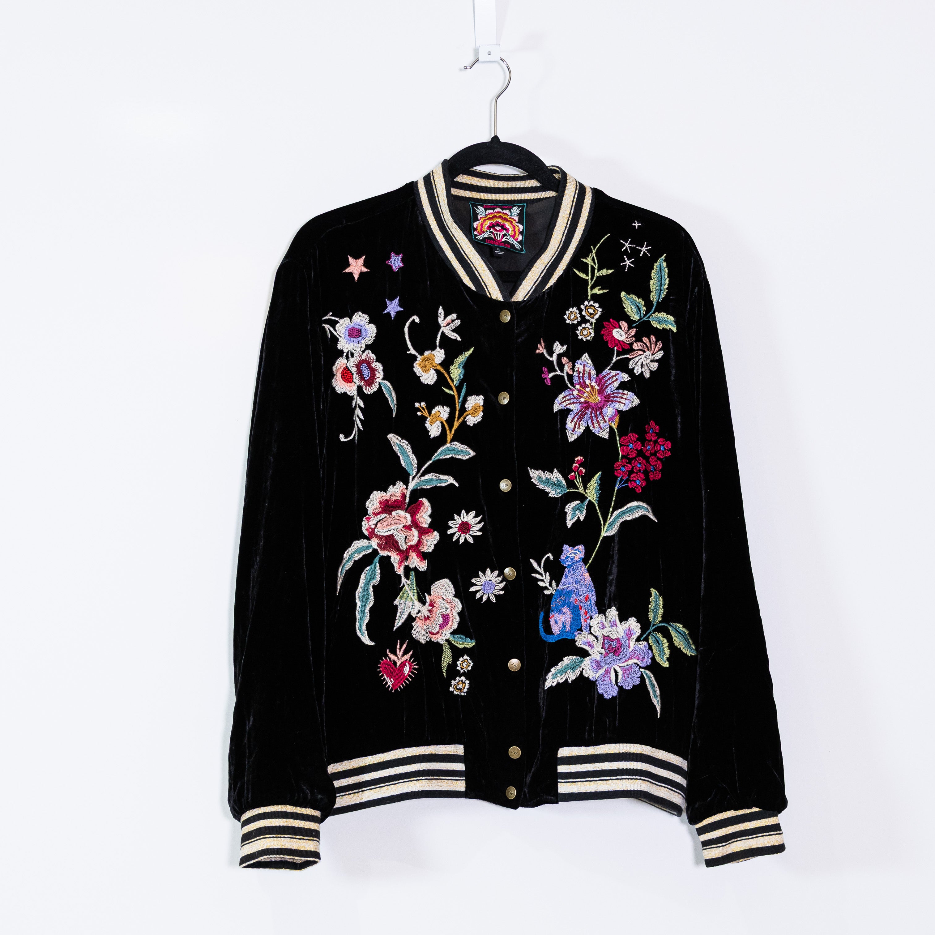 Johnny Was Snap Button Floral Embroidered Silk Blend Velvet Velour Jacket Black