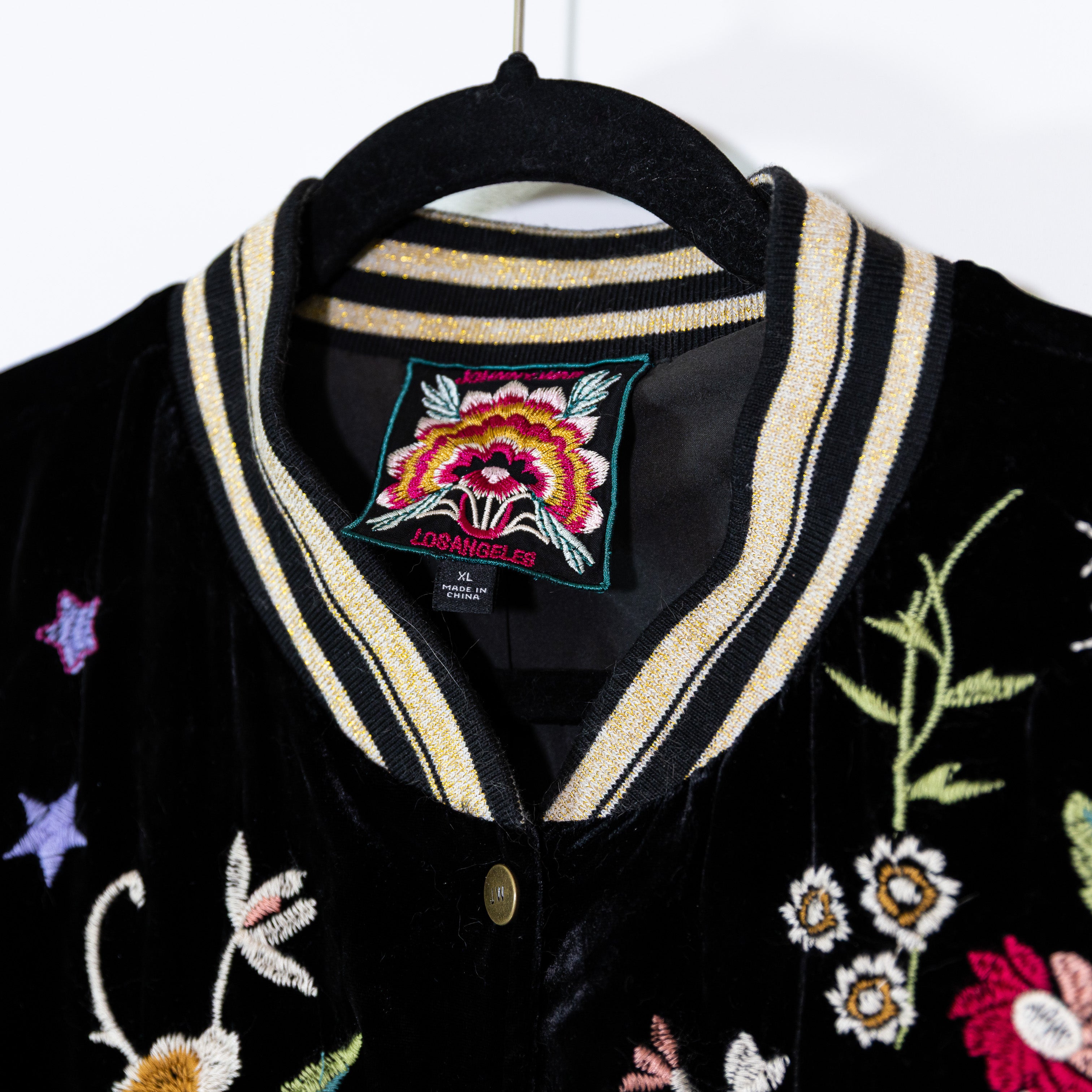 Johnny Was Snap Button Floral Embroidered Silk Blend Velvet Velour Jacket Black