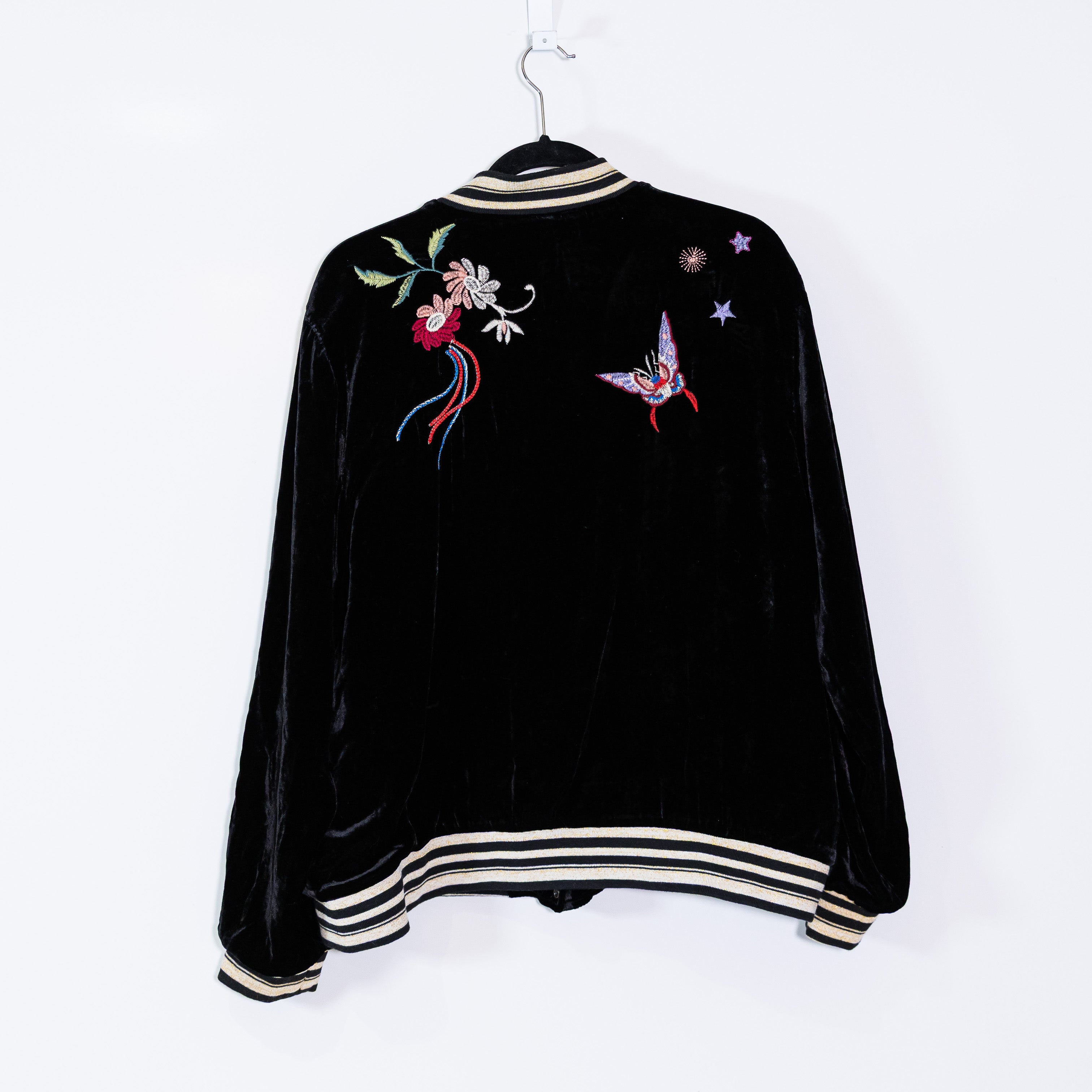 Johnny Was Snap Button Floral Embroidered Silk Blend Velvet Velour Jacket Black