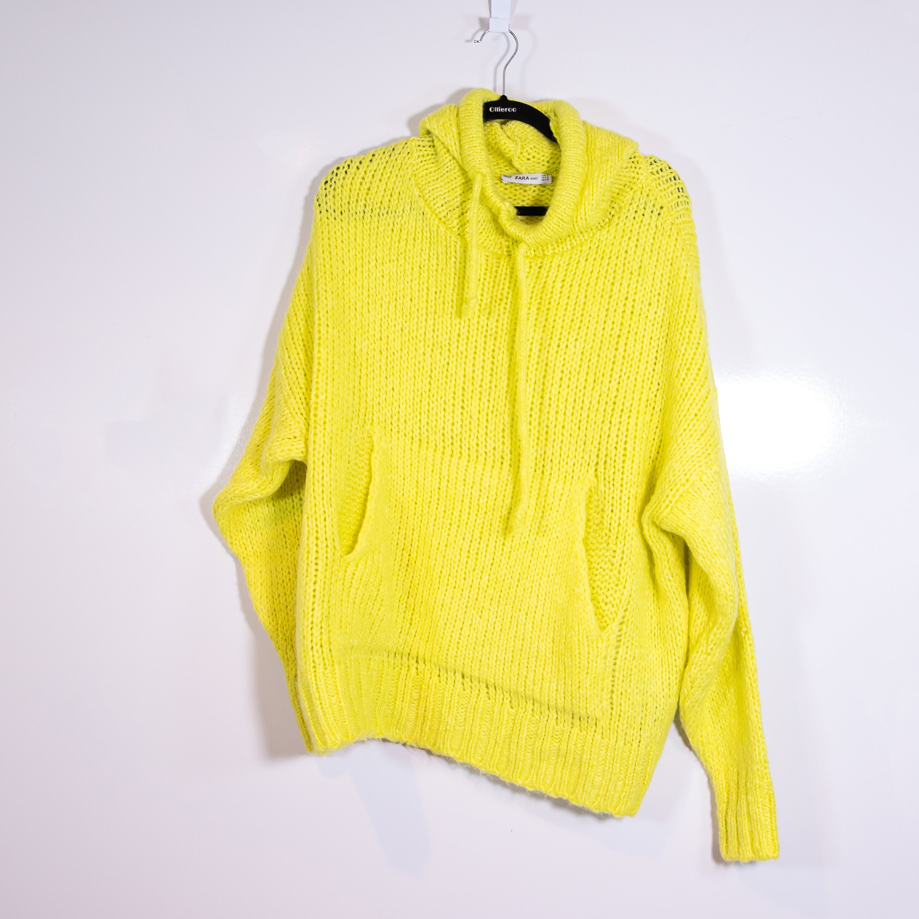 Zara Wool Mohair Knit Stretch Oversized Kangaroo Pocket Pullover Hoodie Sweater