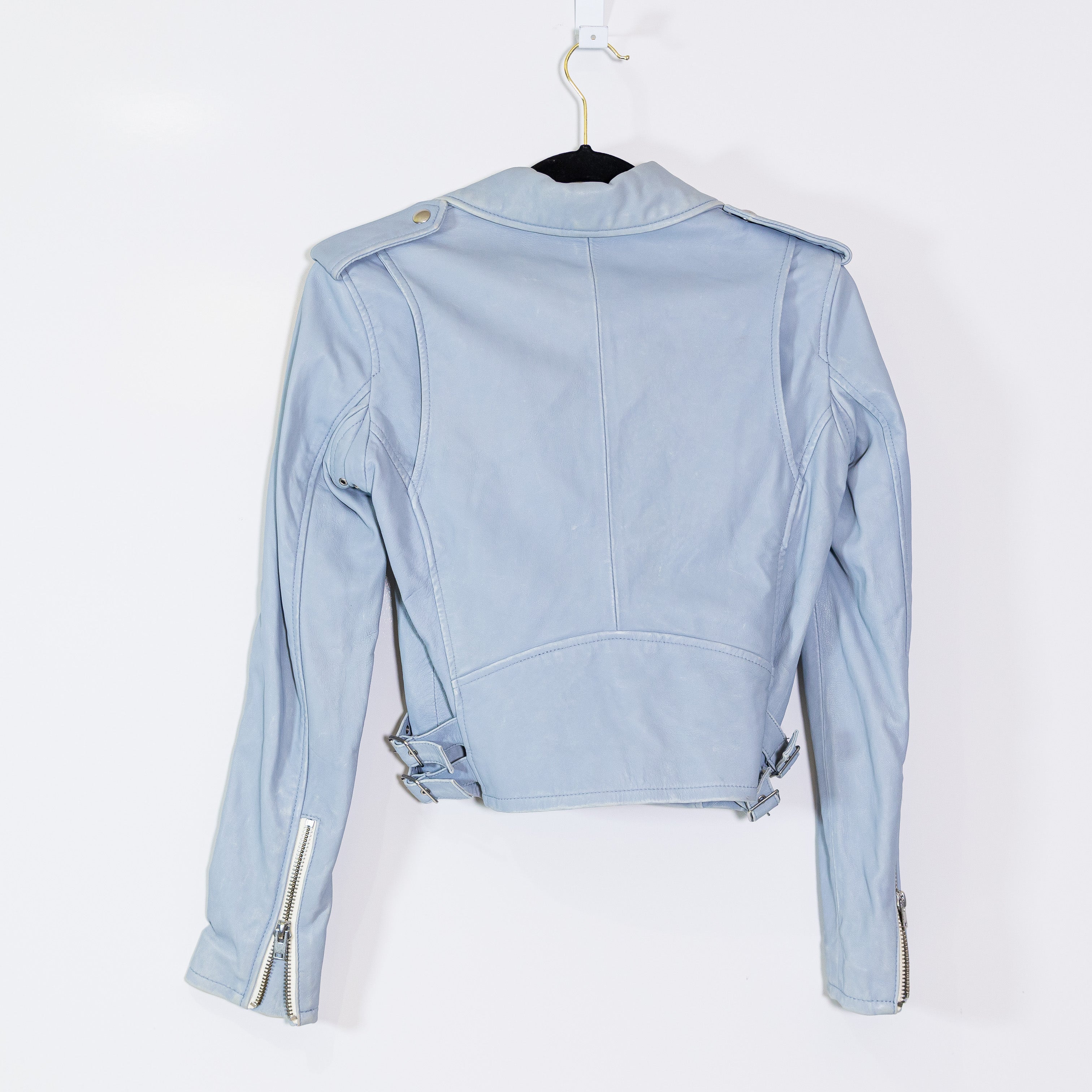 IRO Women's Ashville Genuine Leather Full Zip Moto Jacket Light Blue Small / 6
