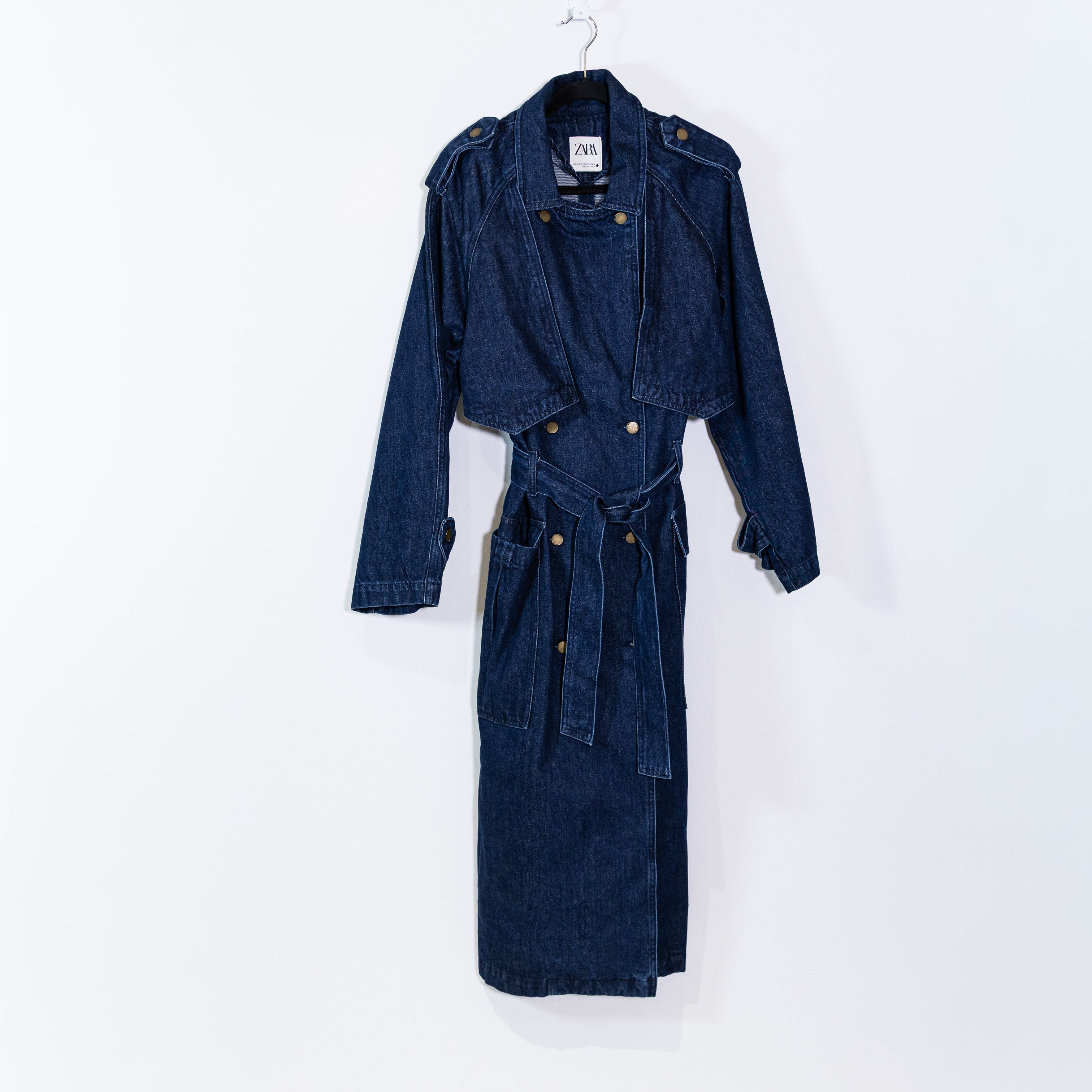 Zara Cotton Collared Double Breasted Belted Denim Jean Trench Coat Jacket Blue