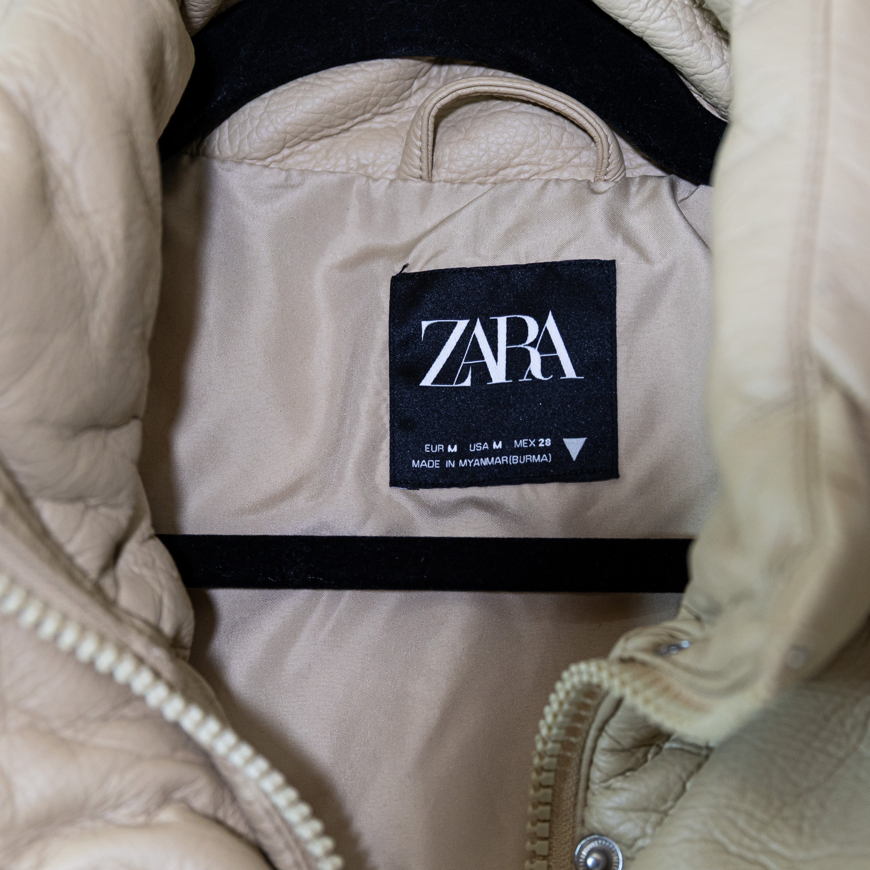 Zara Faux Vegan Leather Quilted Puffer Full Zip Snap Butto Jacket Neutral Medium