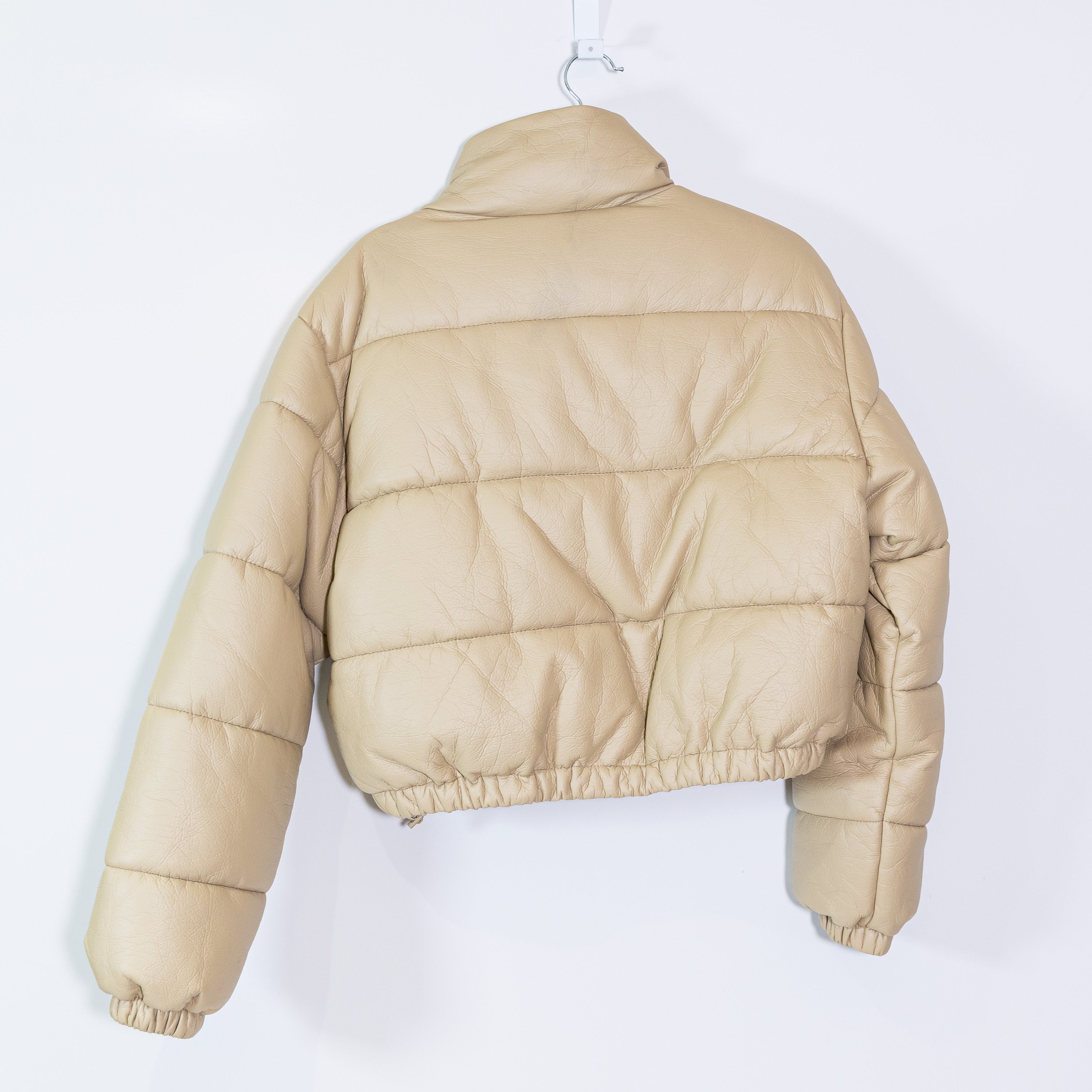 Zara Faux Vegan Leather Quilted Puffer Full Zip Snap Butto Jacket Neutral Medium