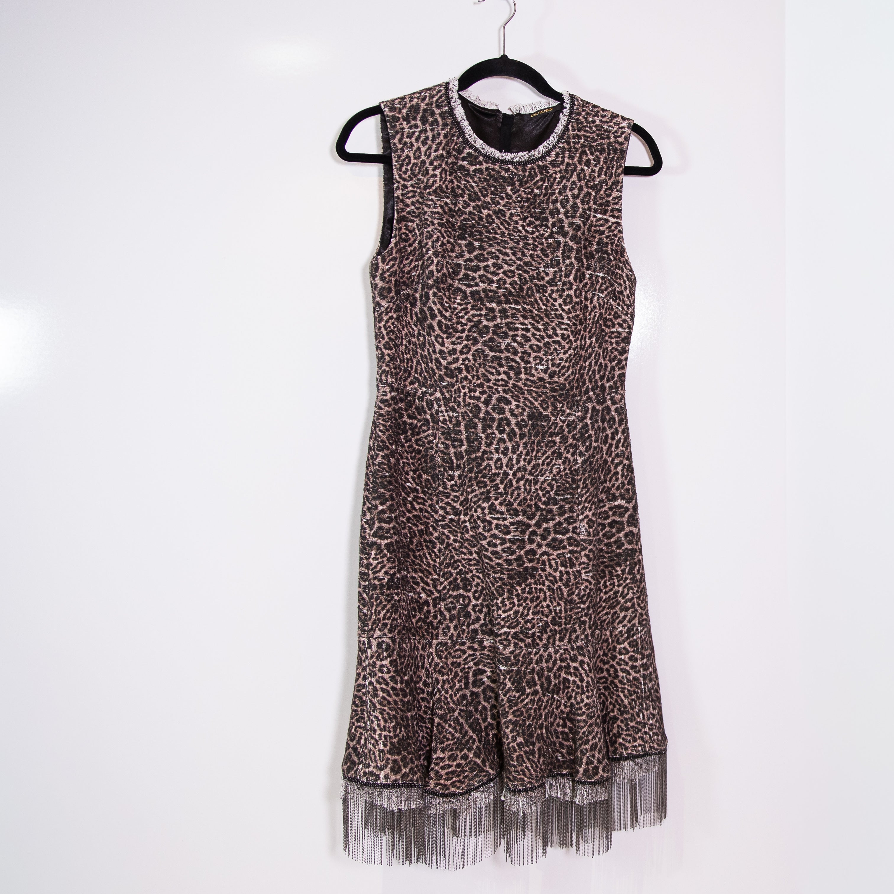 Kobi Halperin Cheetah Leopard Animal Print Pattern Woven Textured Fringe Dress S