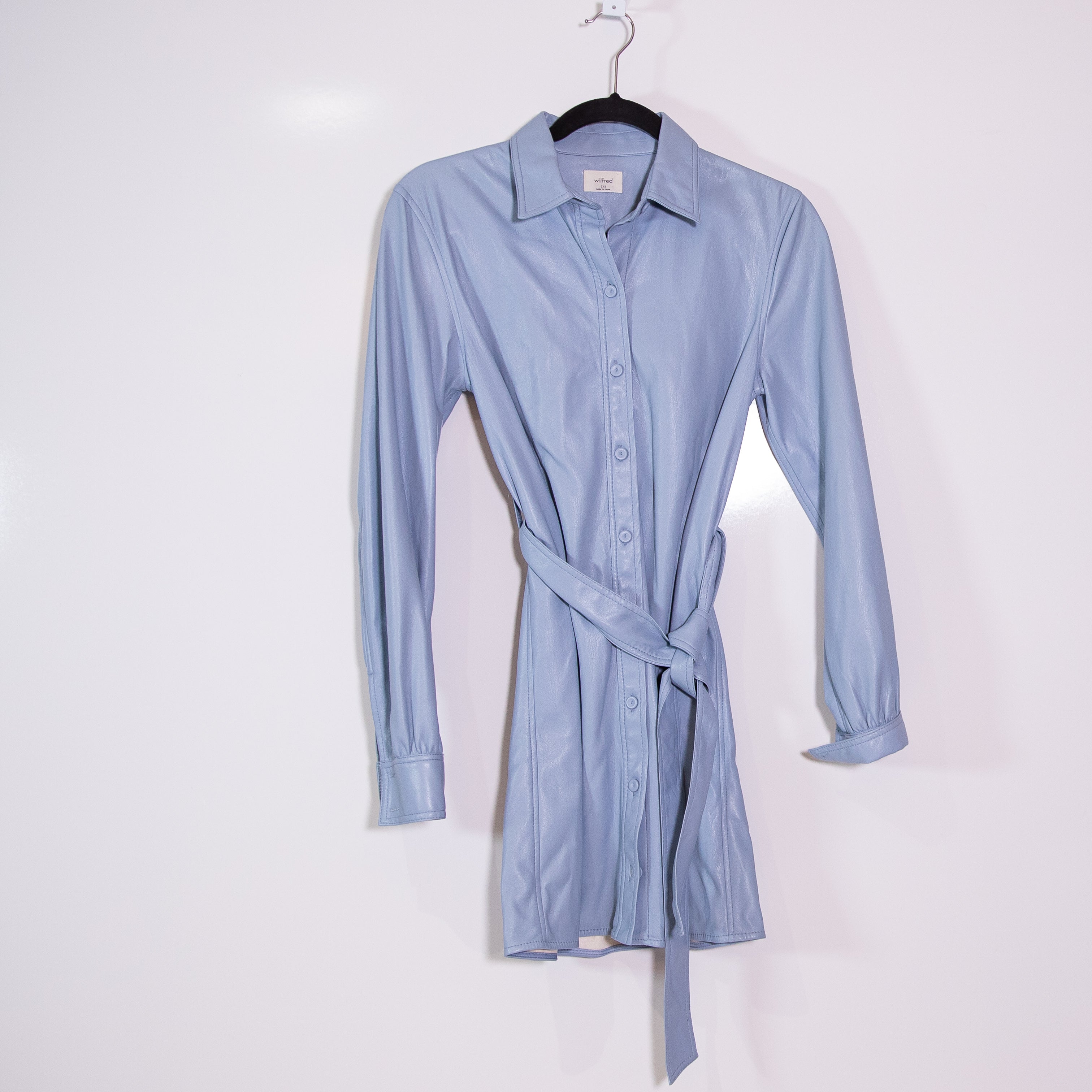 Wilfred Aritzia Caroline Faux Vegan Leather Belted Button Front Shirt Dress Blue