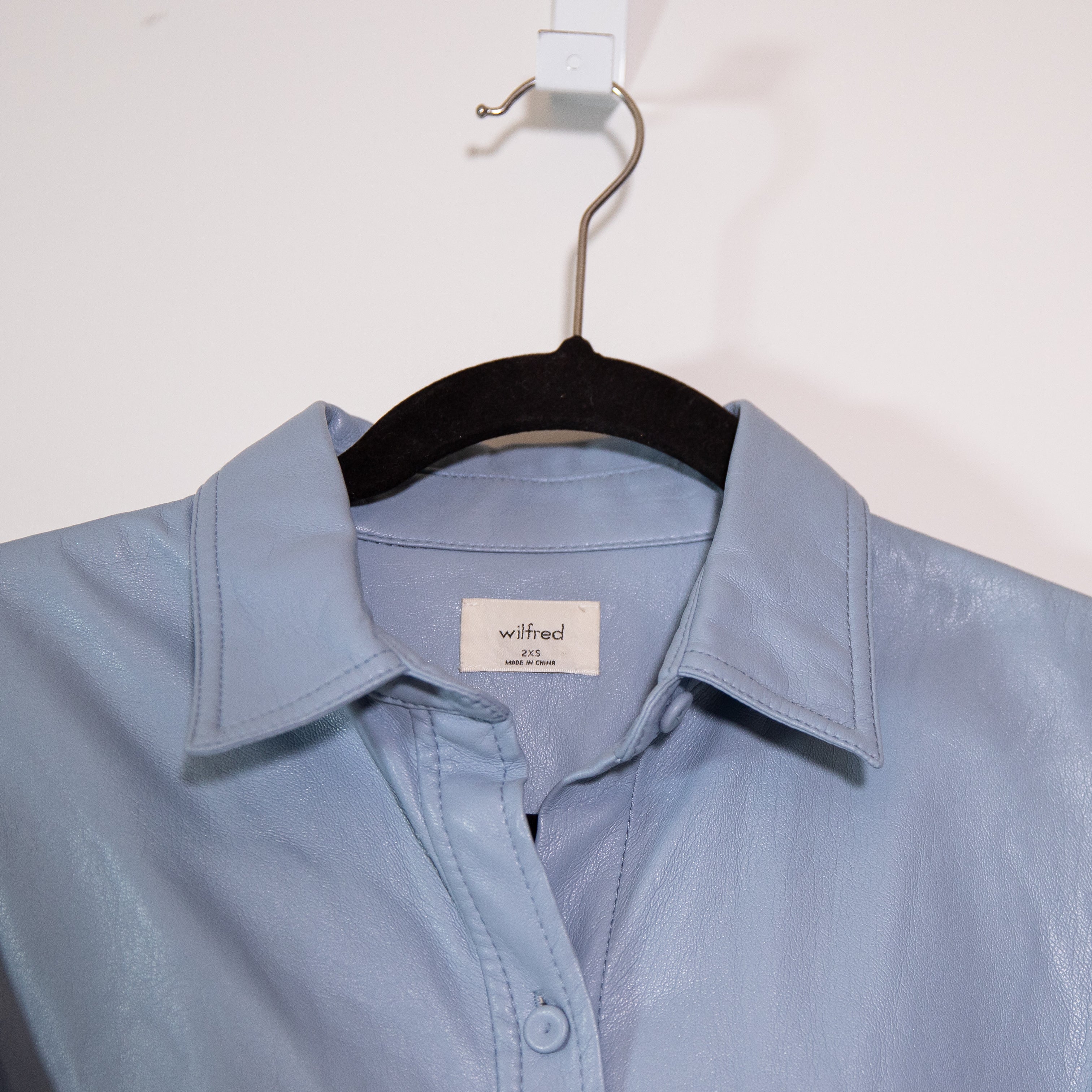 Wilfred Aritzia Caroline Faux Vegan Leather Belted Button Front Shirt Dress Blue