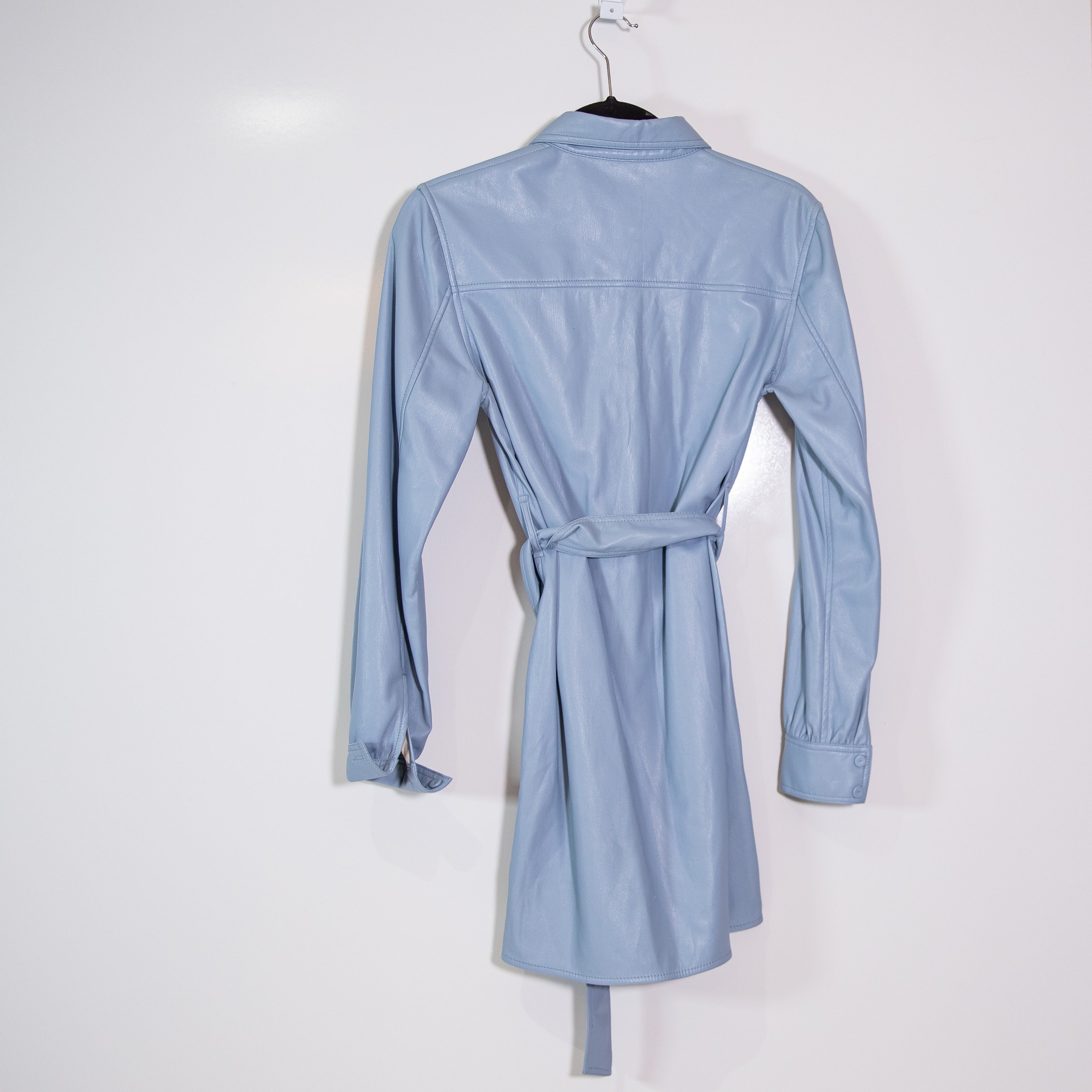 Wilfred Aritzia Caroline Faux Vegan Leather Belted Button Front Shirt Dress Blue