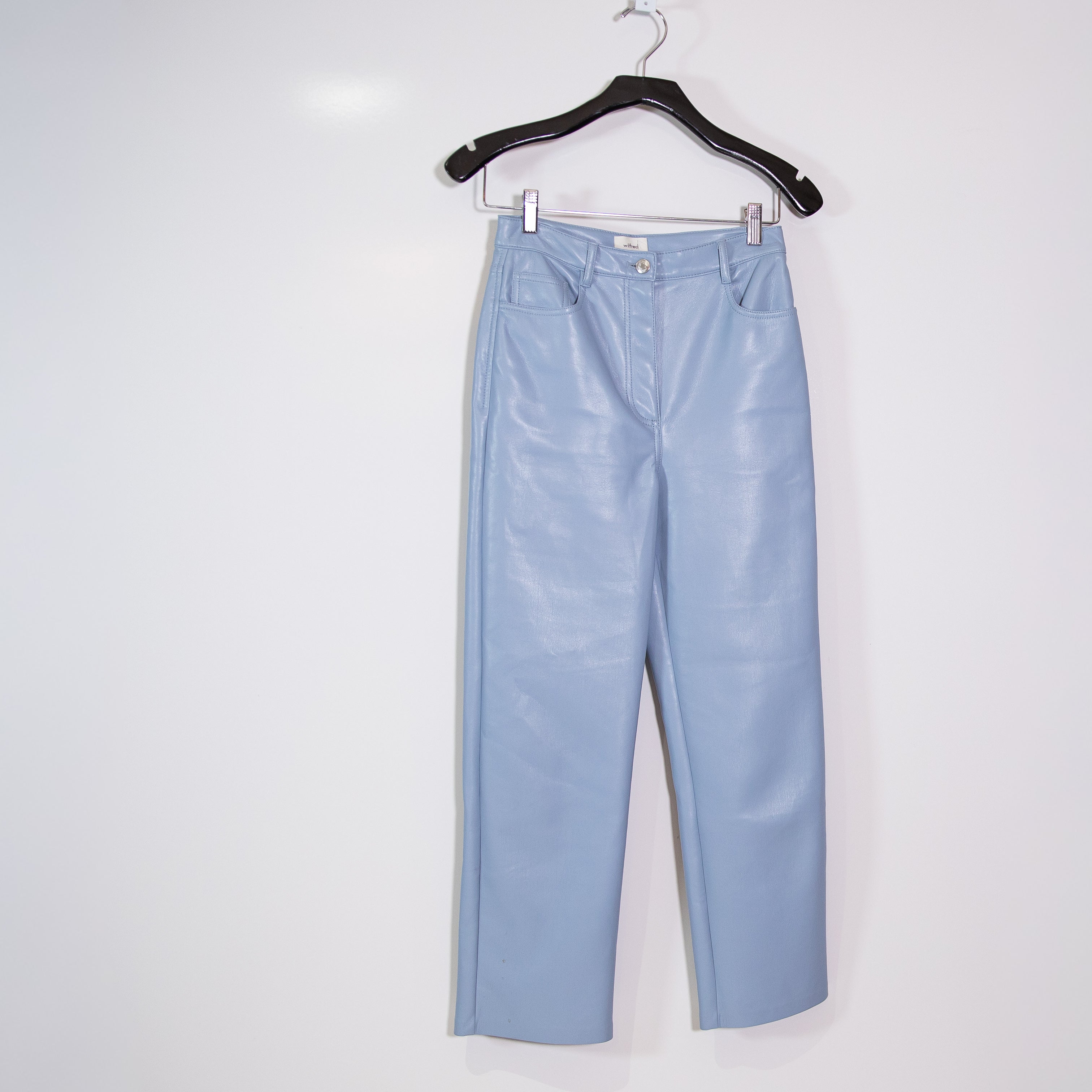 Wilfred Aritzia The Melina Faux Vegan Leather High Waisted Trouser Pants Blue 2