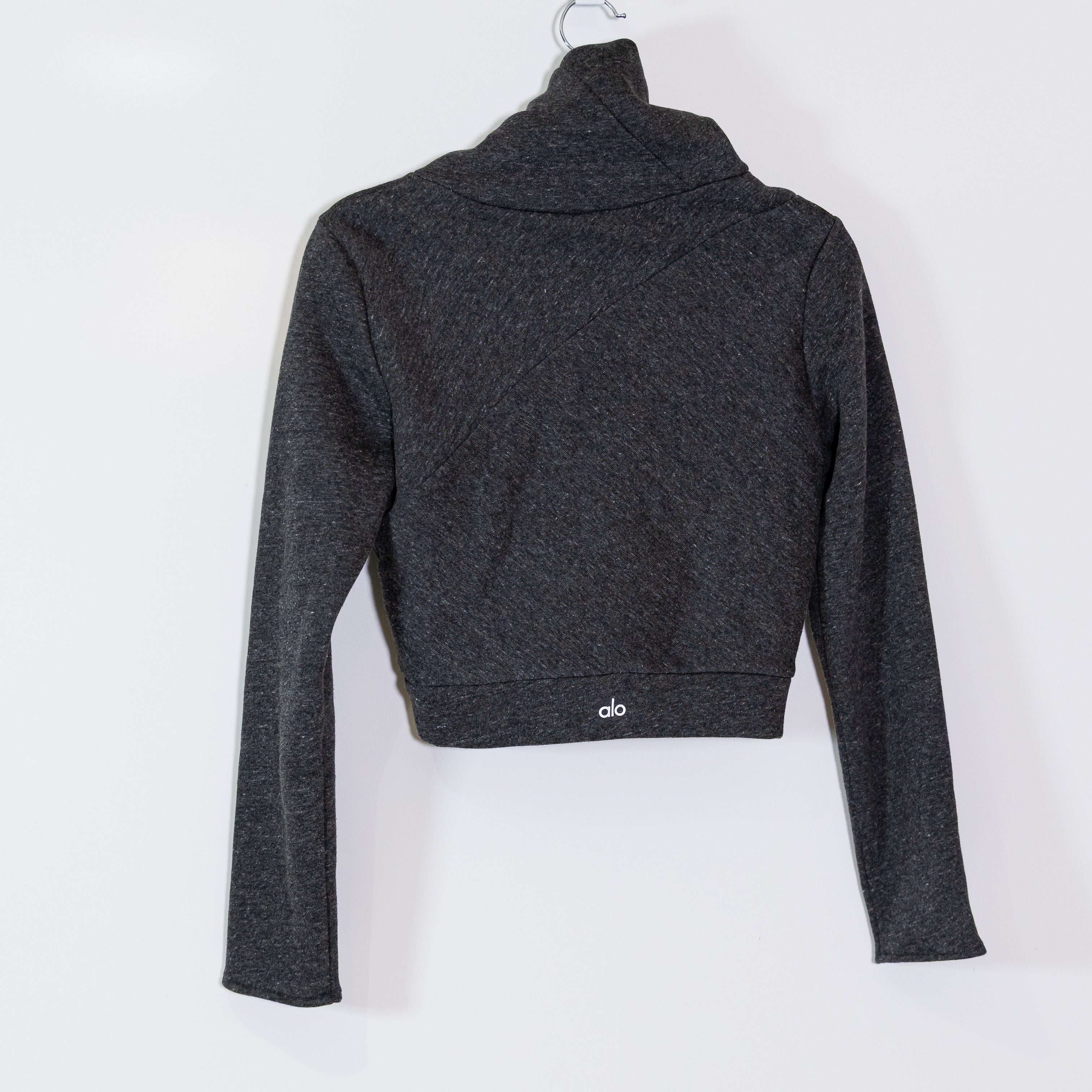Alo Soleil Cotton Blend Turtleneck Cropped Long Sleeve Sweater Dark Gray Small