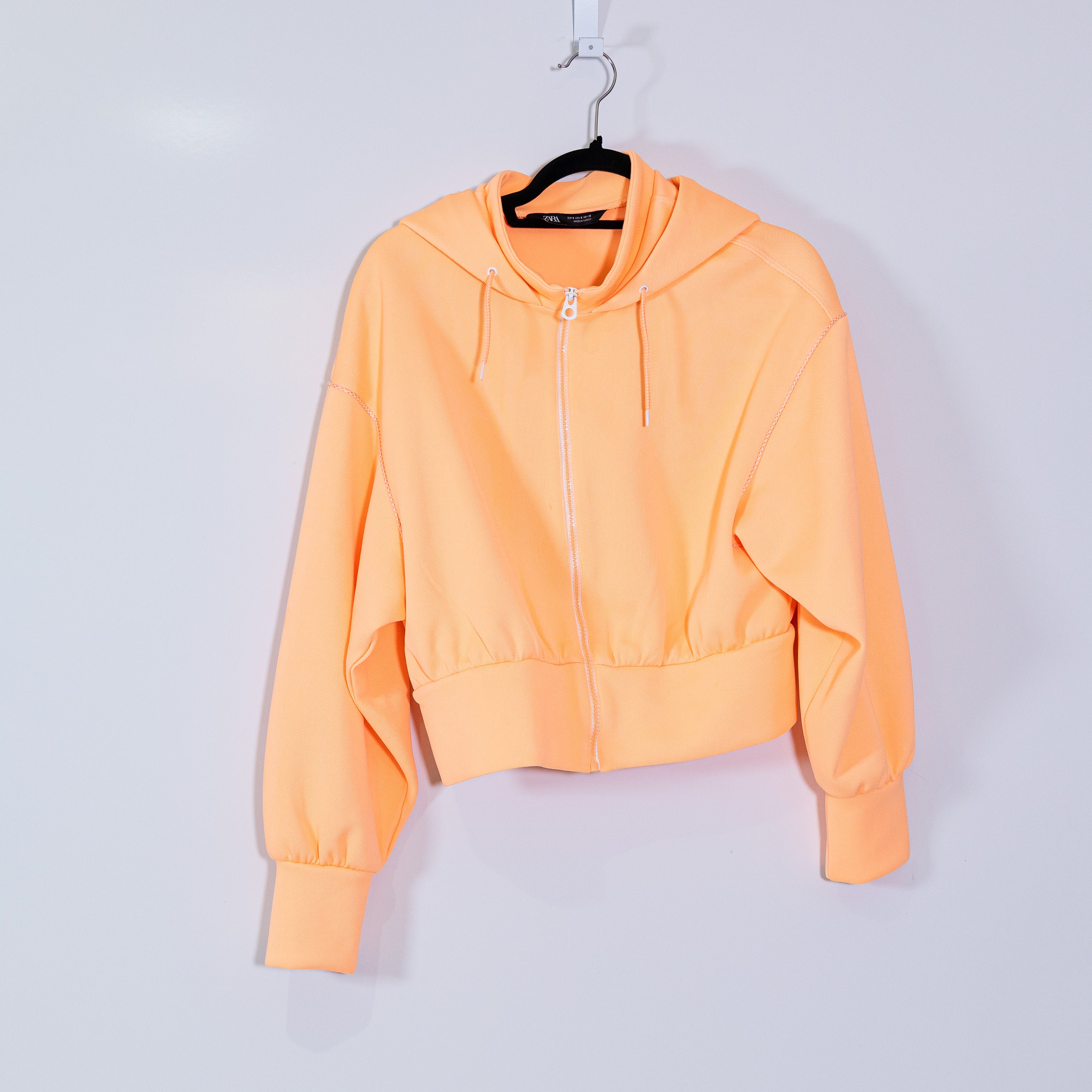 Zara Women's Neon Orange Highlighter Full Zip Cropped Hoodie Jacket Small