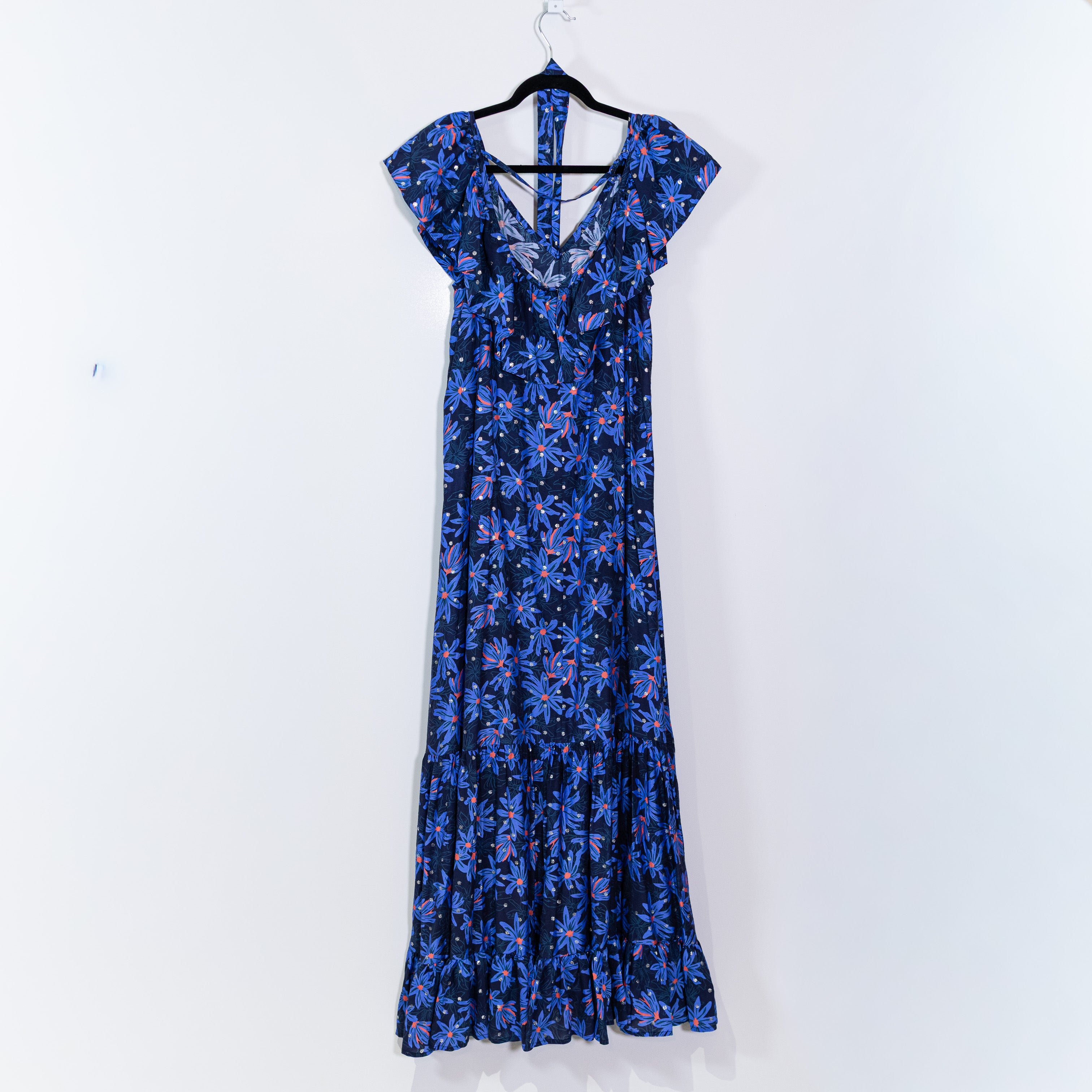 NEW Sabina Musayev Lucia Ruffle Shoulders Blue Floral Print Pattern Maxi Dress S