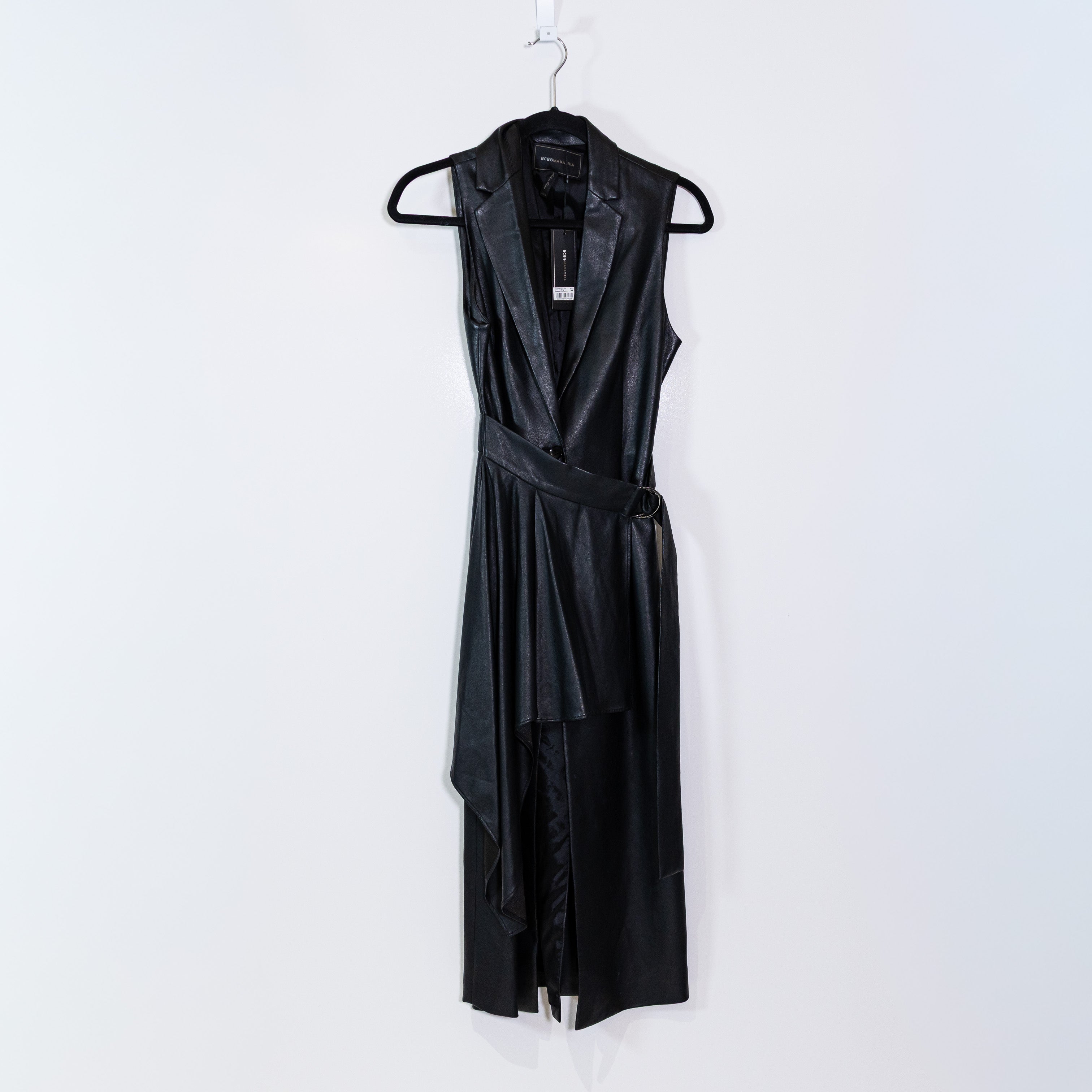 NEW BCBGMaxAzria Faux Leather Drape Front Long Sleeveless Wrap Vest Jacket Black