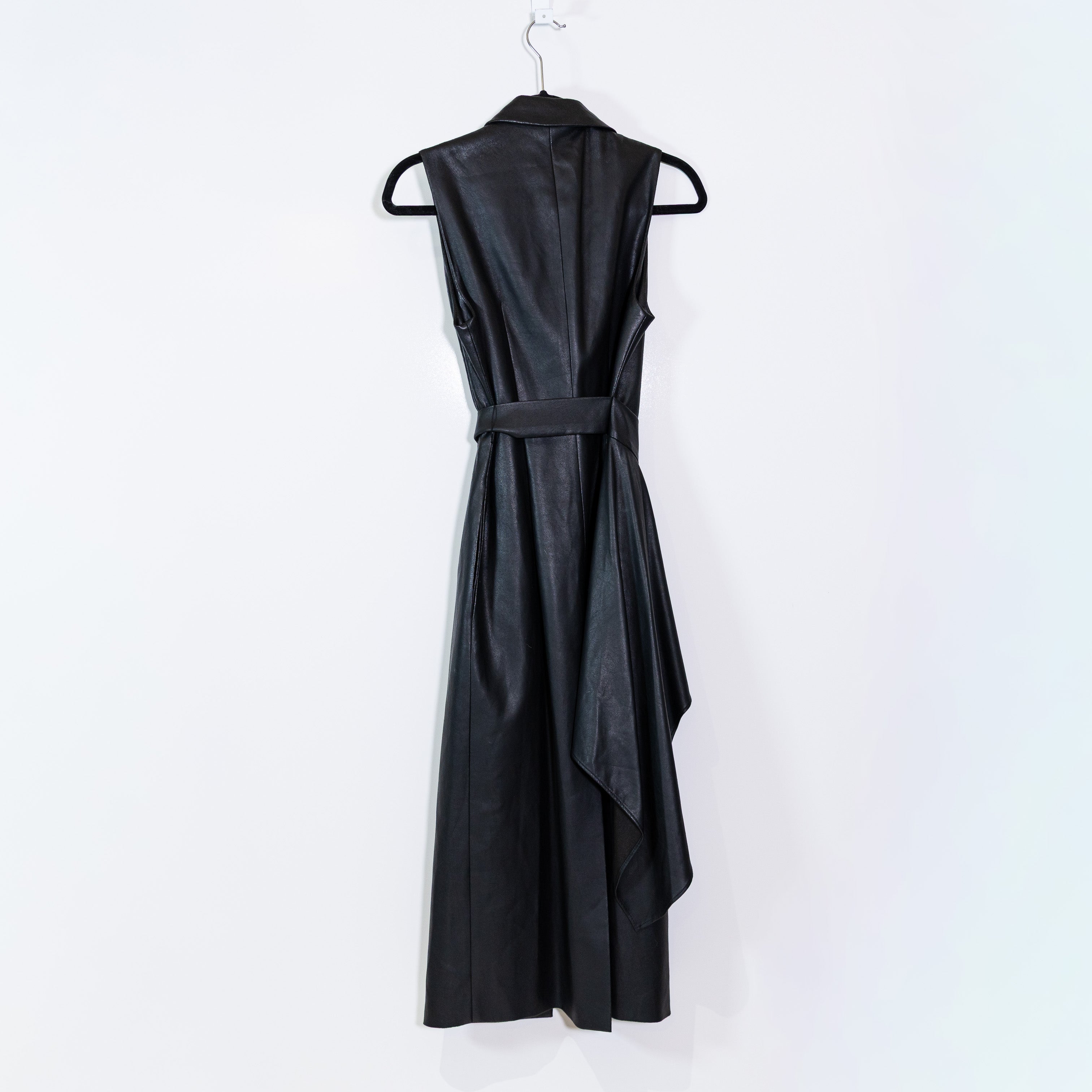 NEW BCBGMaxAzria Faux Leather Drape Front Long Sleeveless Wrap Vest Jacket Black