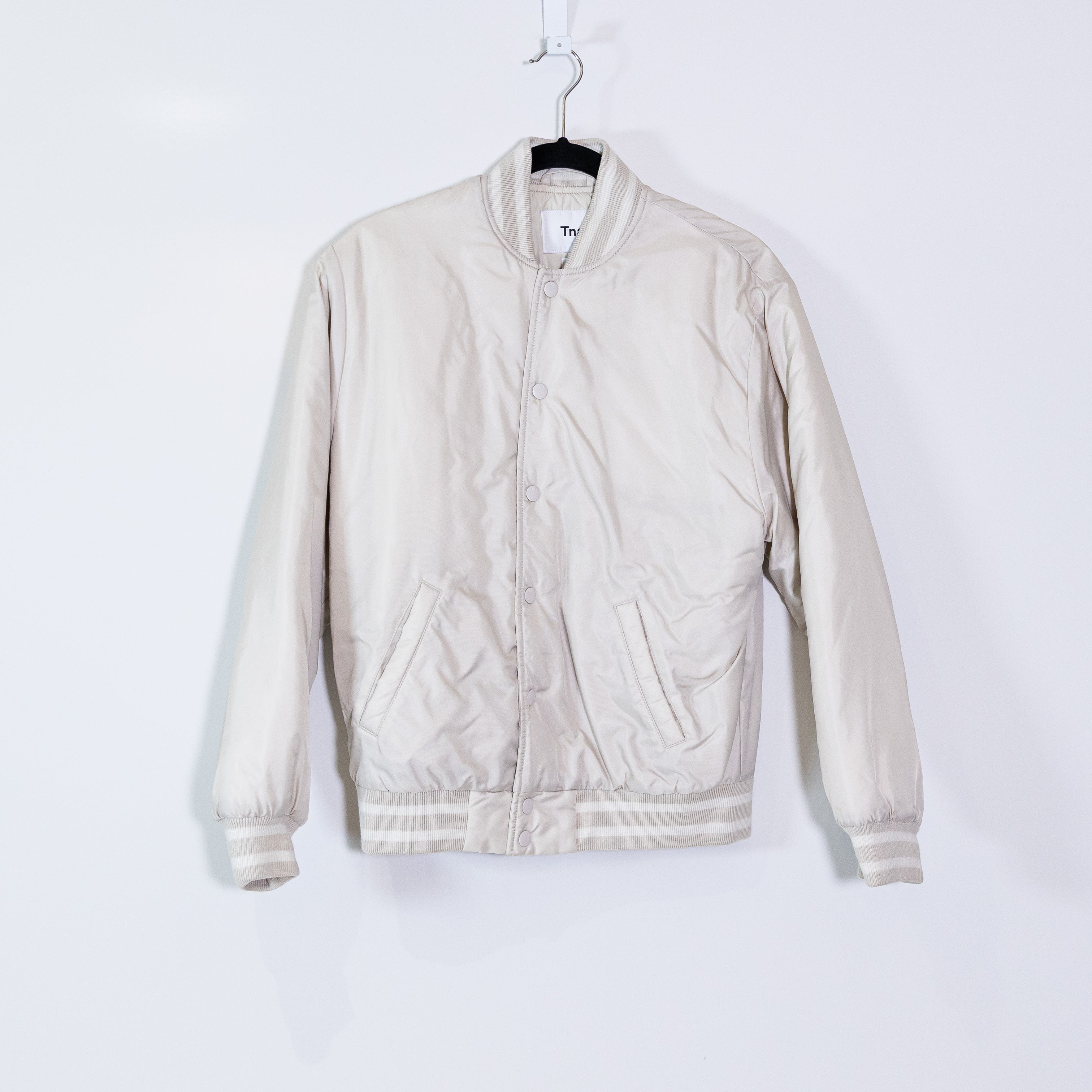 TNA Aritzia Stadium Collarless Snap Front Button Water Resistant Jacket Neutral