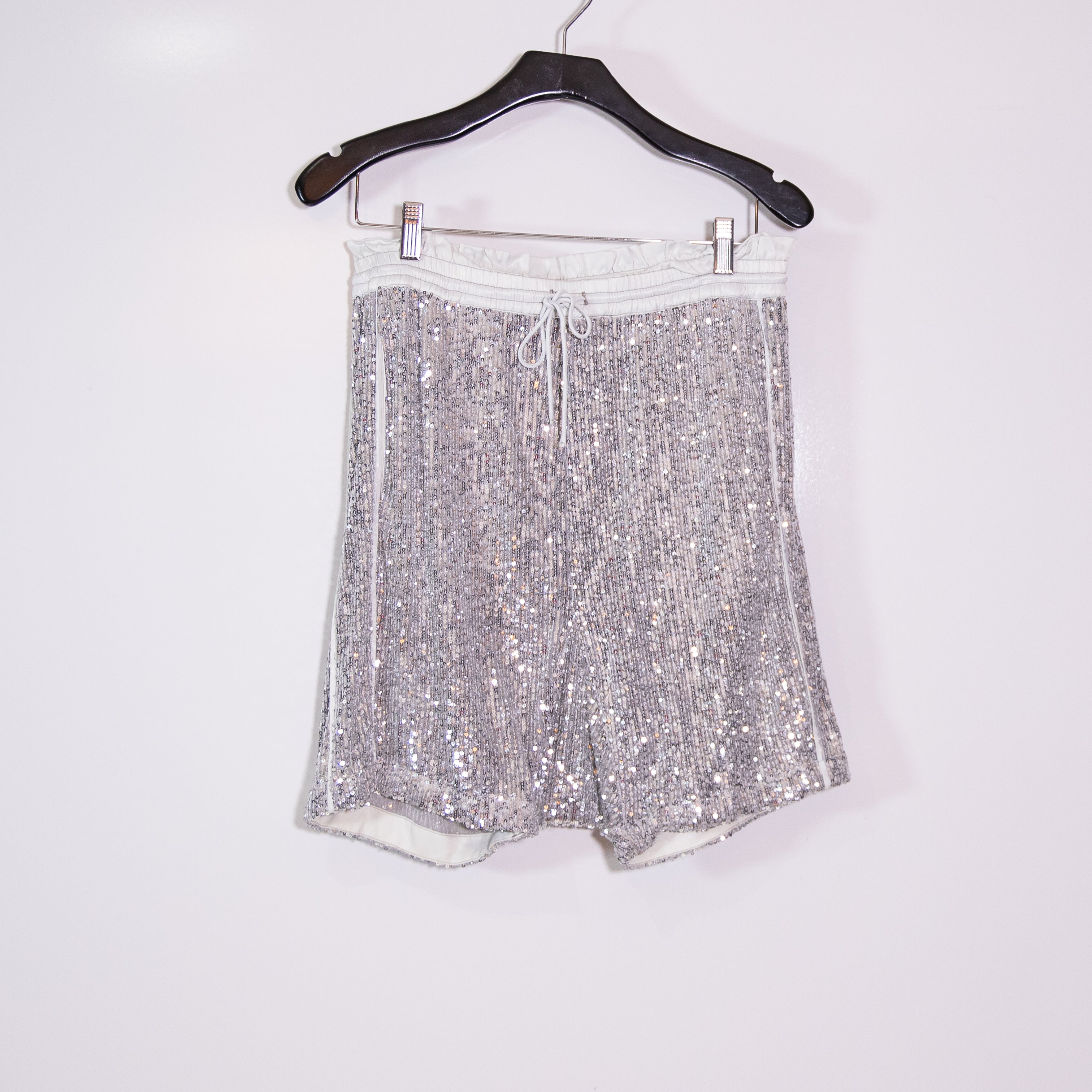 Free People My Way Sequin Sparkle Embellished High Waisted Harem Shorts Silver