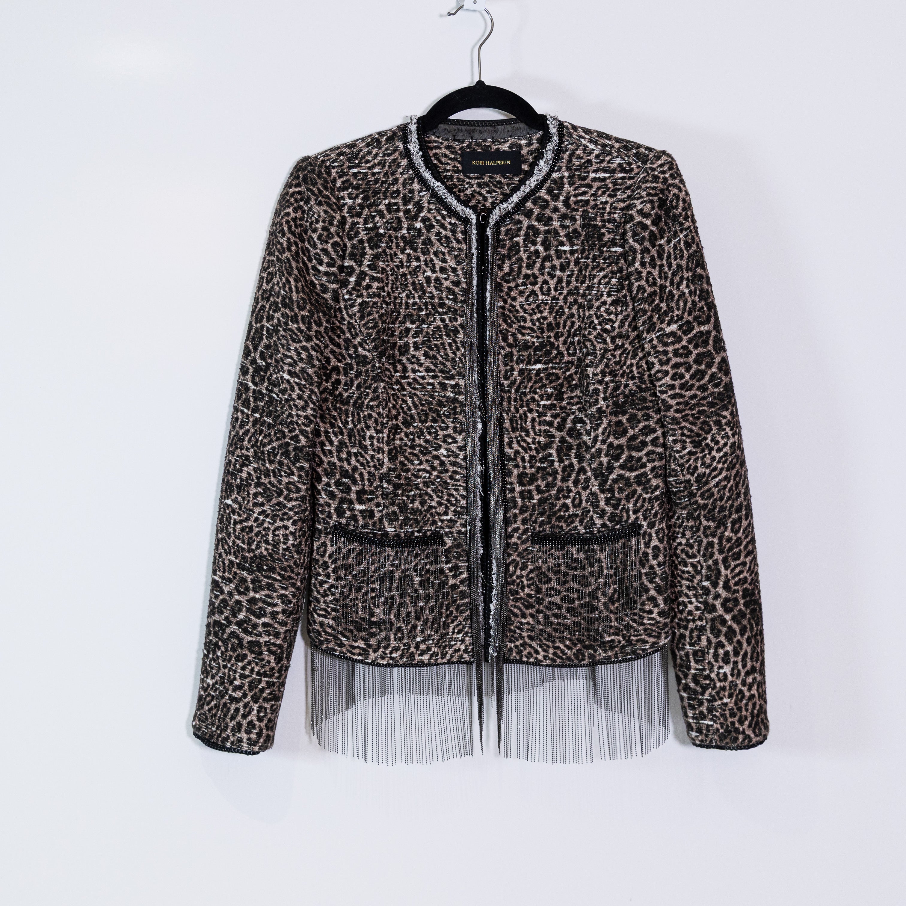 Kobi Halperin Cheetah Leopard Animal Print Pattern Woven Fringe Blazer Jacket S