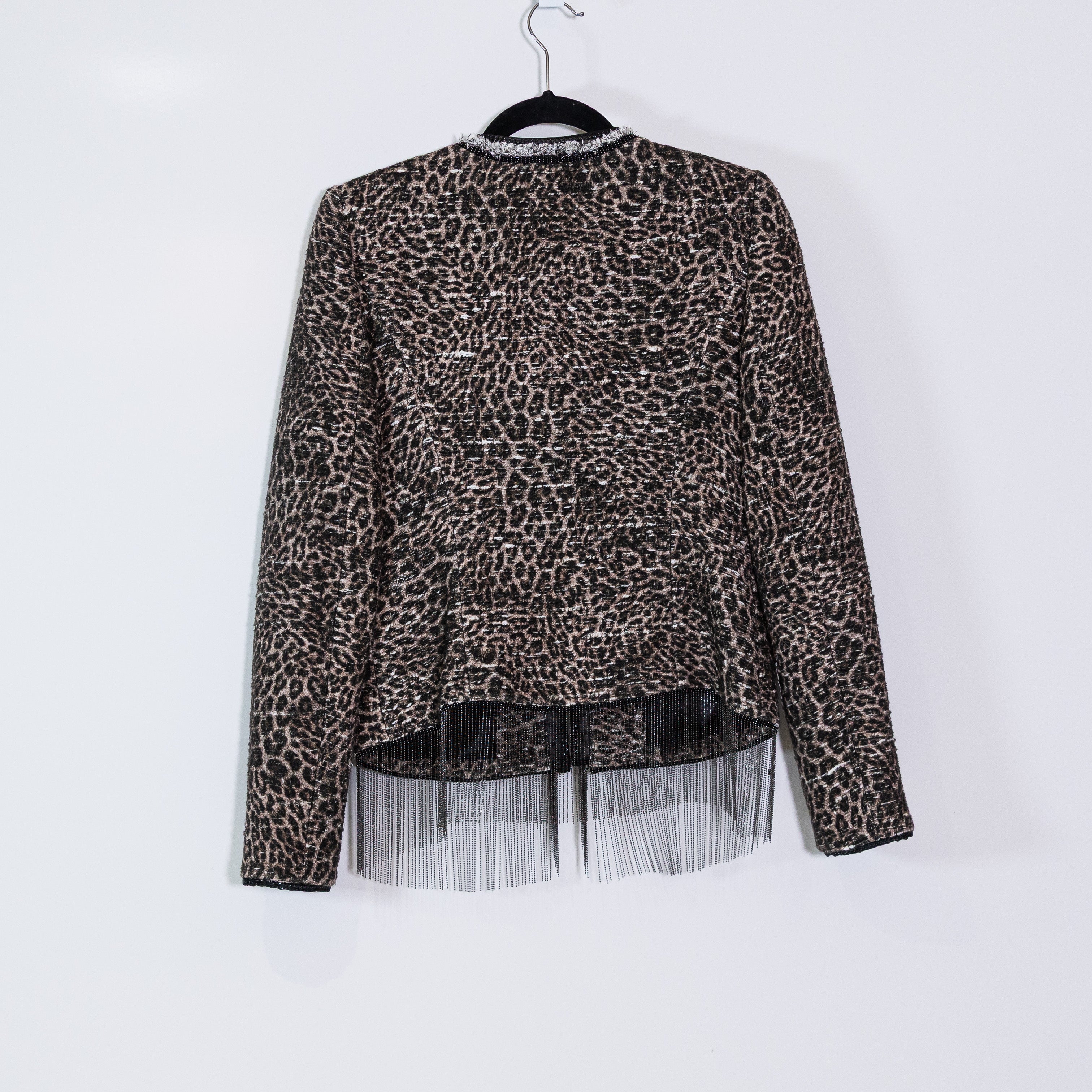 Kobi Halperin Cheetah Leopard Animal Print Pattern Woven Fringe Blazer Jacket S