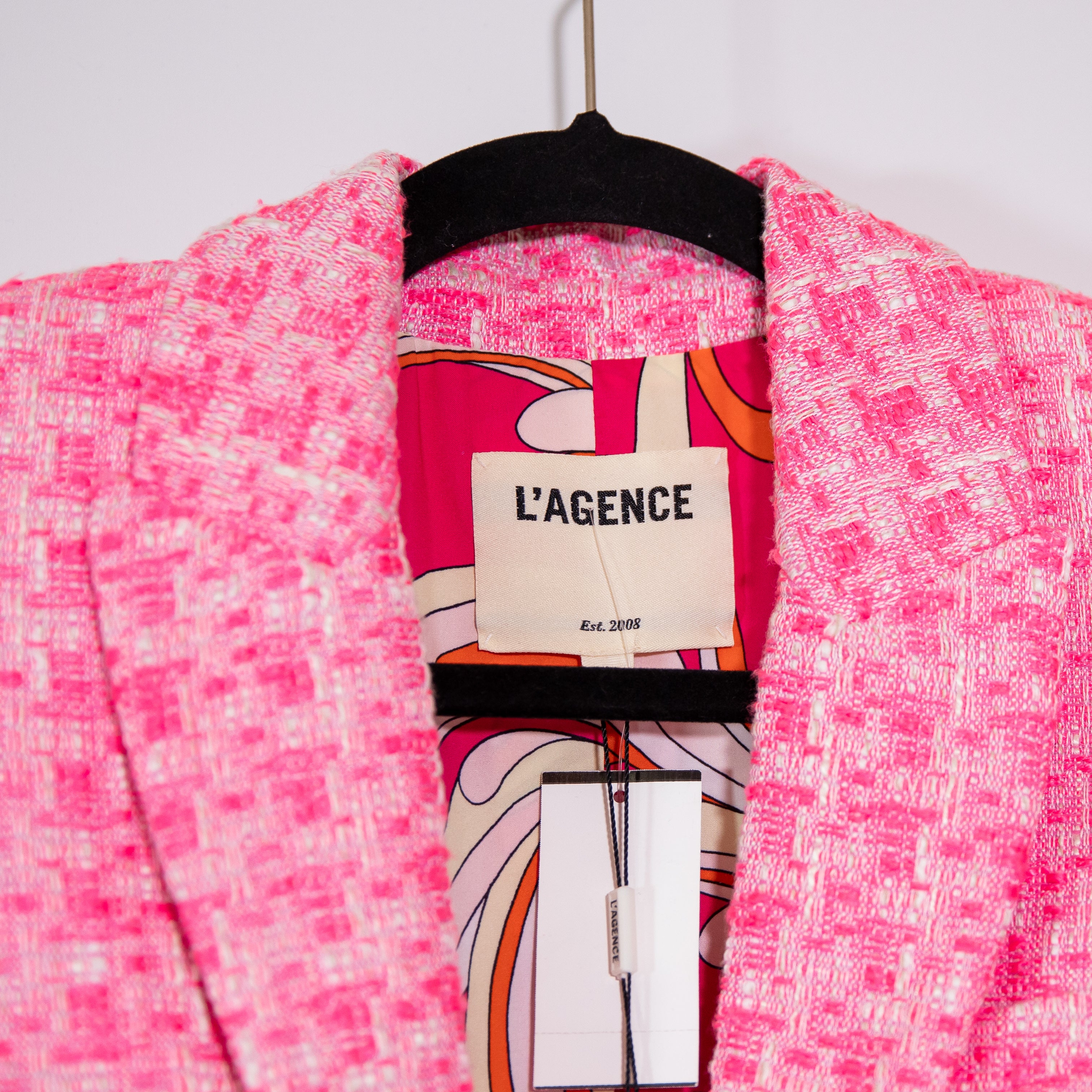NEW L'Agence Inez Cropped Open Front Tweed Boucle Jacket Bblazer Hot Pink 2