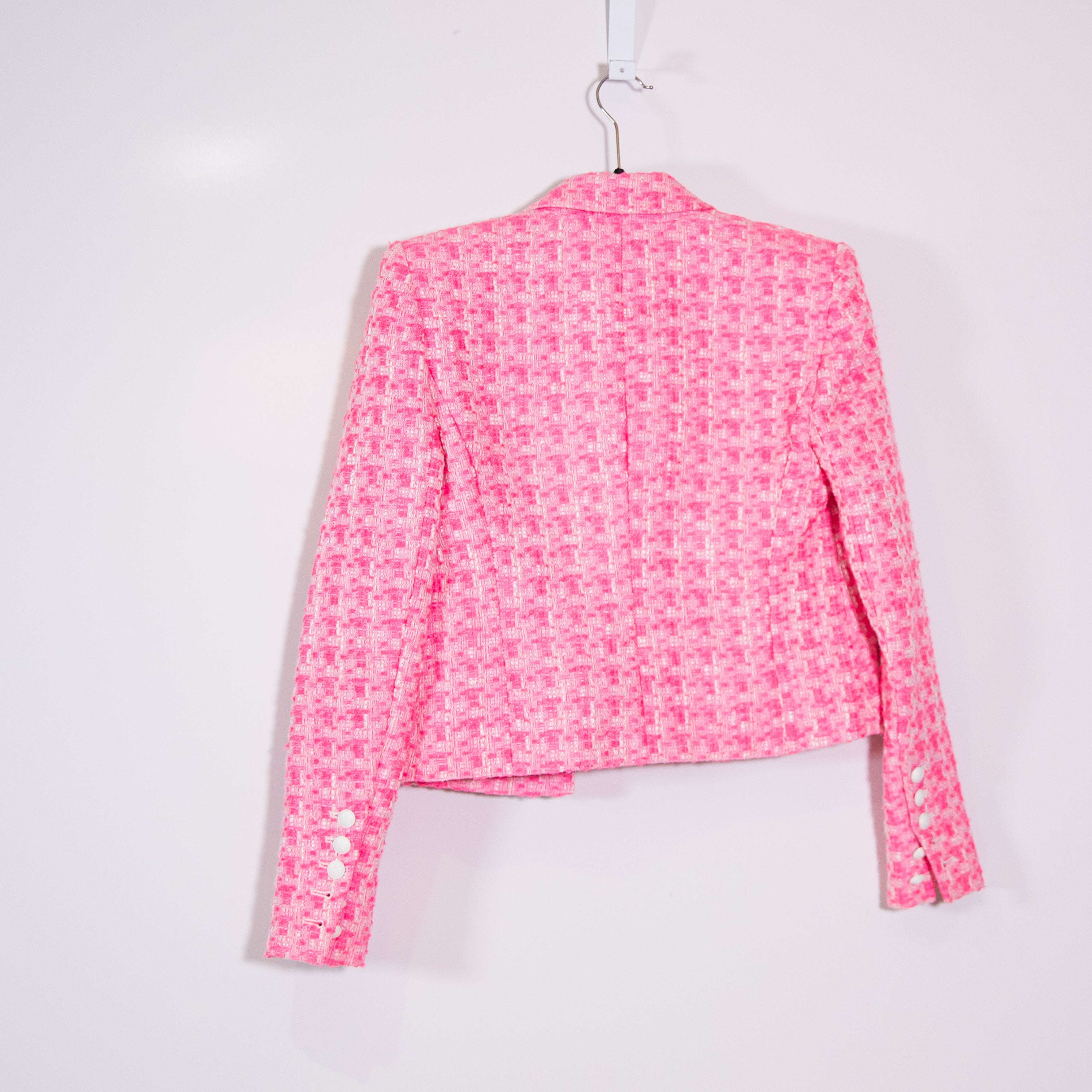 NEW L'Agence Inez Cropped Open Front Tweed Boucle Jacket Bblazer Hot Pink 2