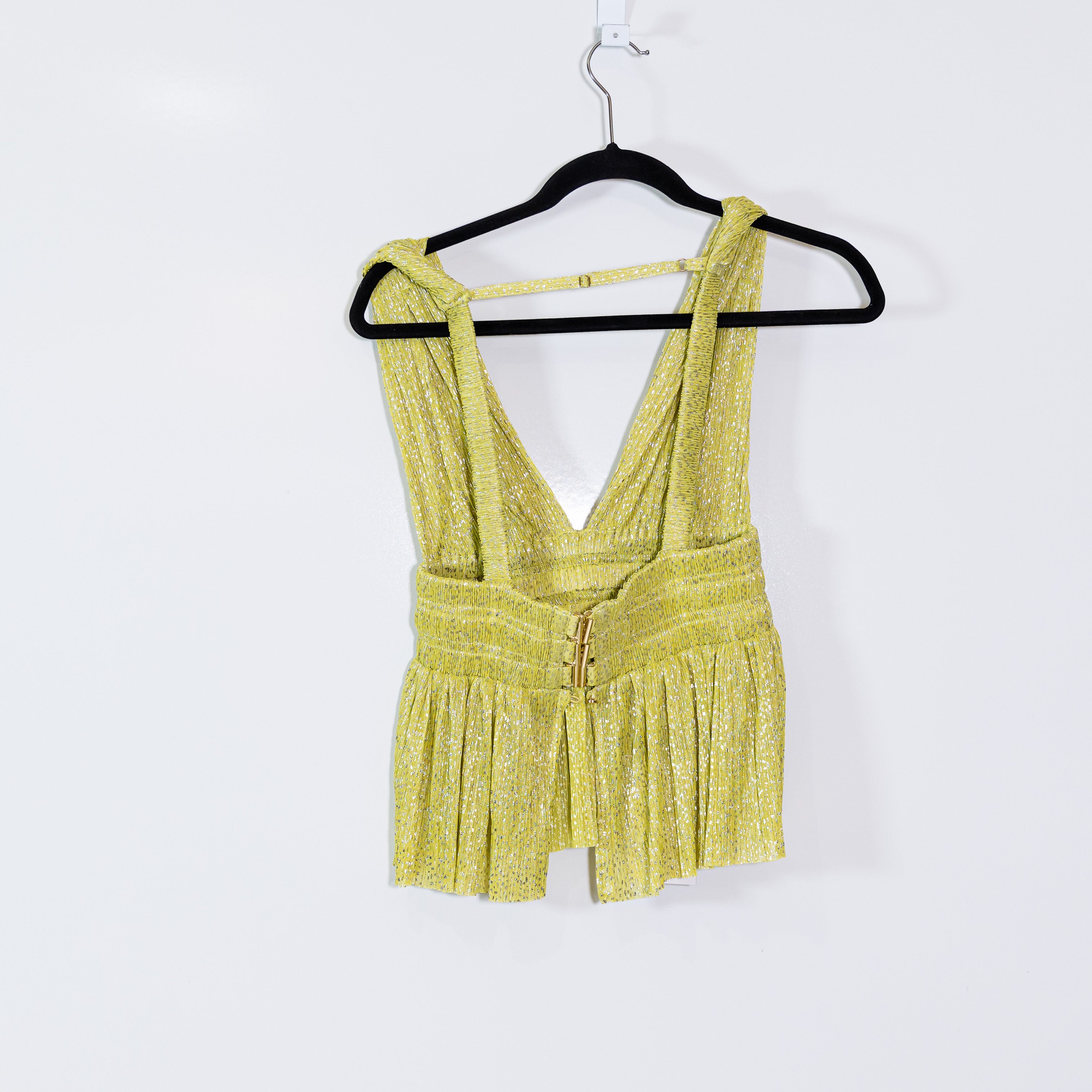 NEW Sabina Musayev Milan Pleated Knit Deep V Neck Tank Top Blouse Sunny Lime S