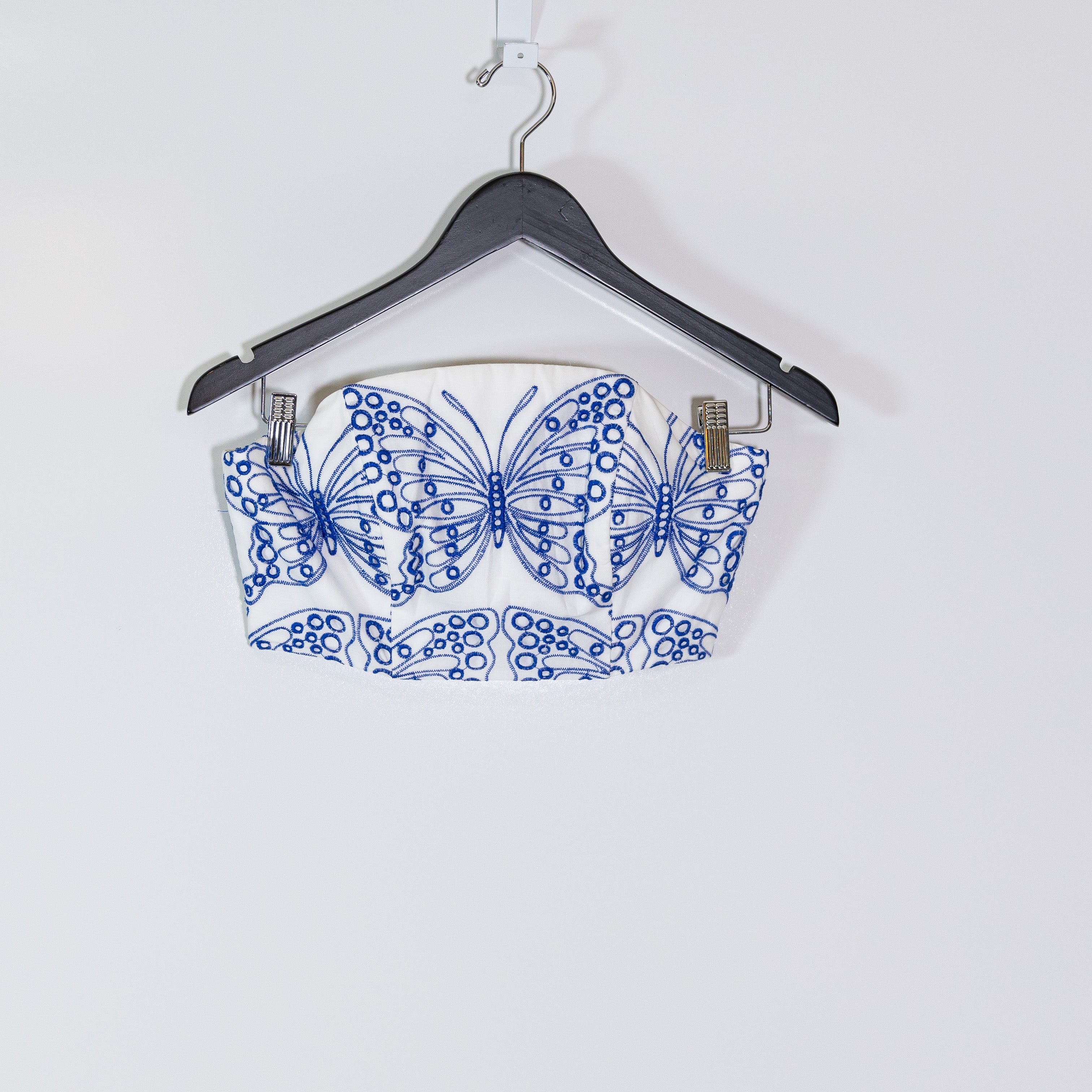 Milly Butterfly Eyelet Embroidered Lace Strapless Corset Crop Top White Blue S