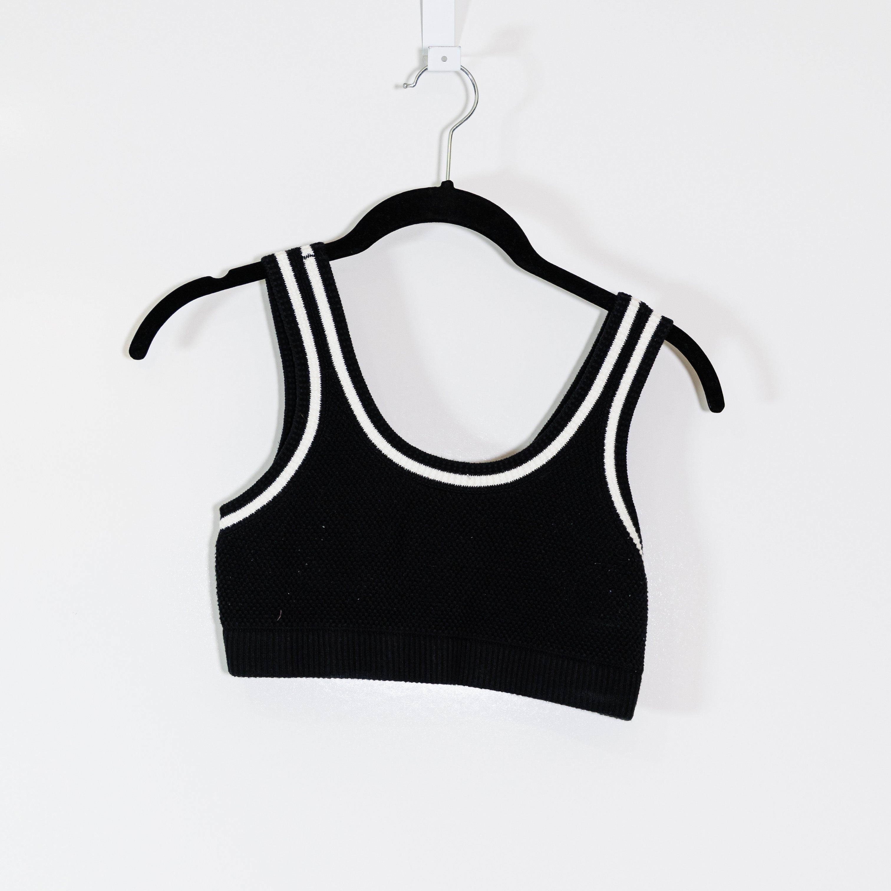 Alo Yoga Women's Tennis Club Cotton Sweater Knit Crop Top Bra Black White XS