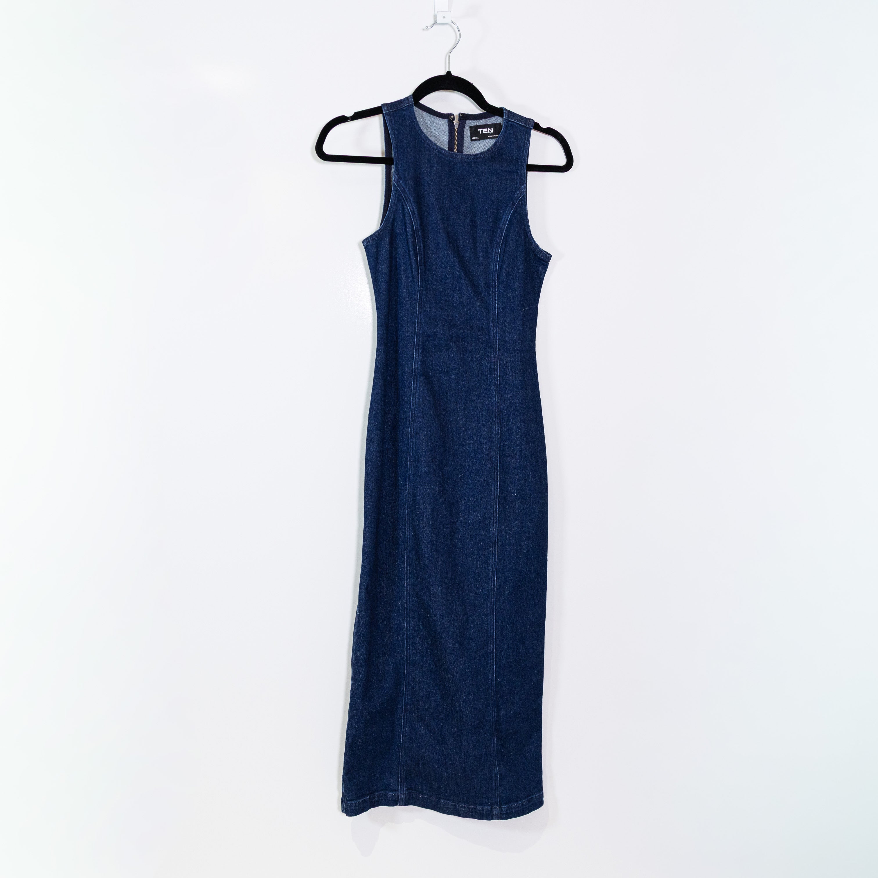 Aritzia Ten Westend Super Stretch Maxi Crewneck Denim Dress No Stress Dark Blue