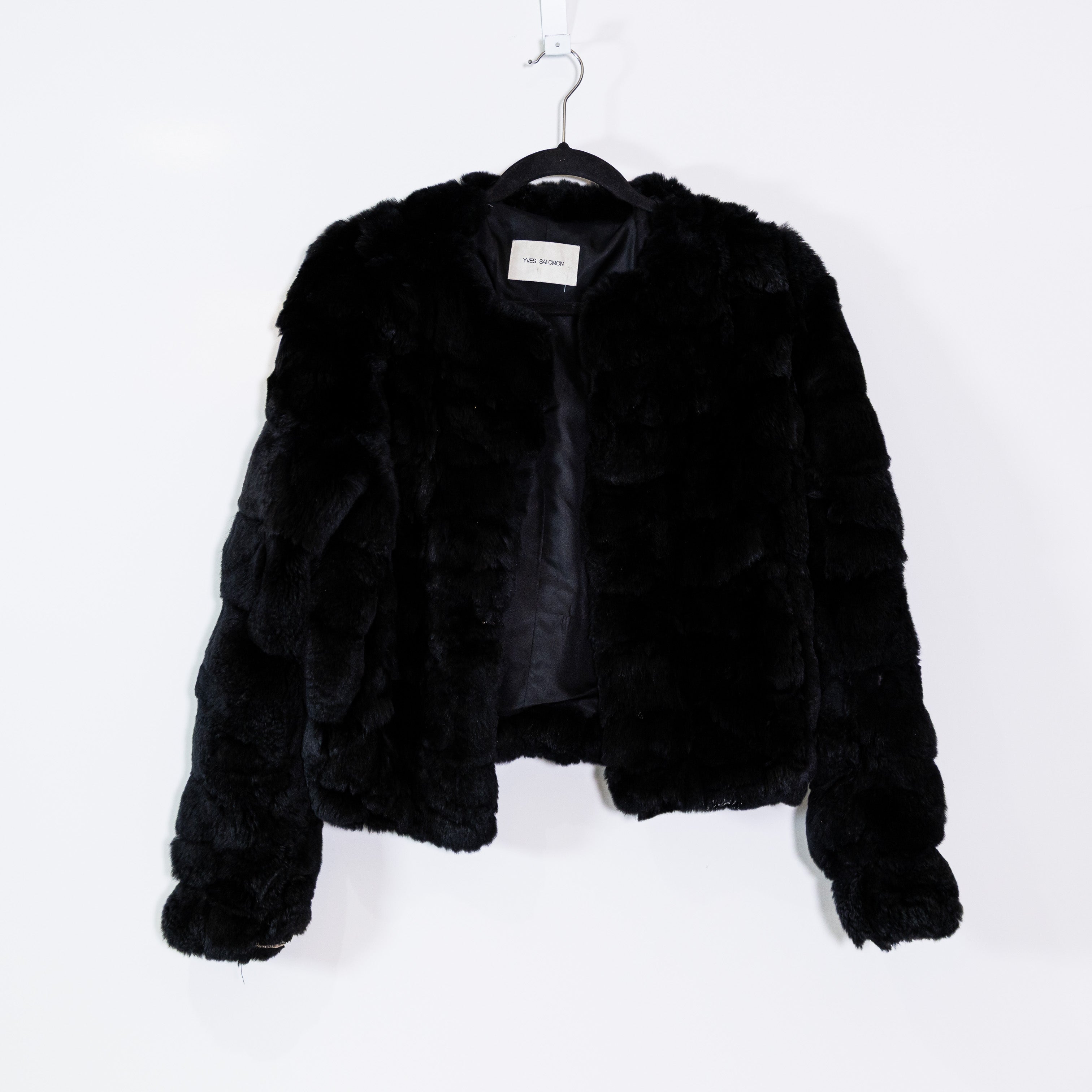 Yves Salomon Genuine Rex Rabbit Band Fur Silk Lined Black Jacket Small