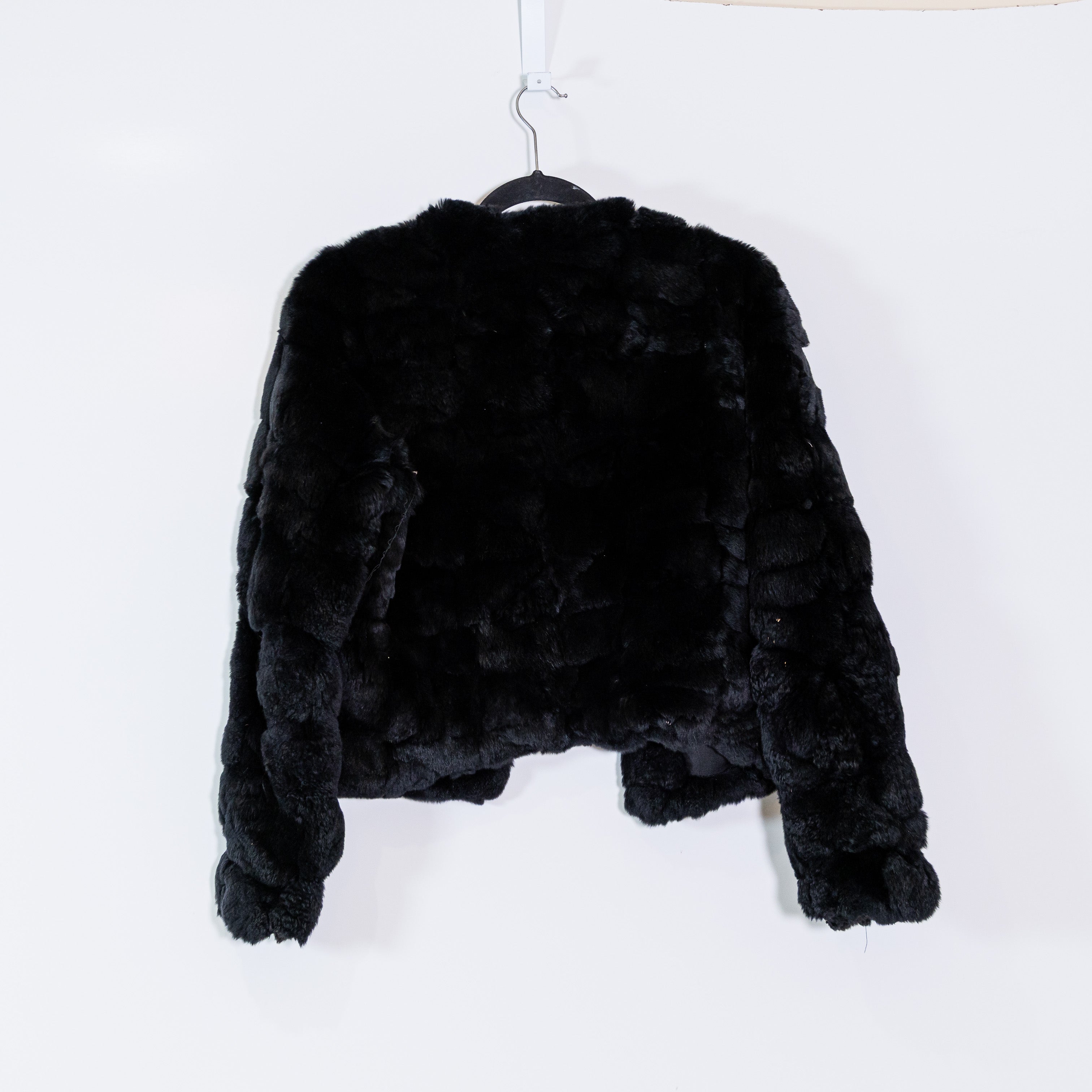 Yves Salomon Genuine Rex Rabbit Band Fur Silk Lined Black Jacket Small