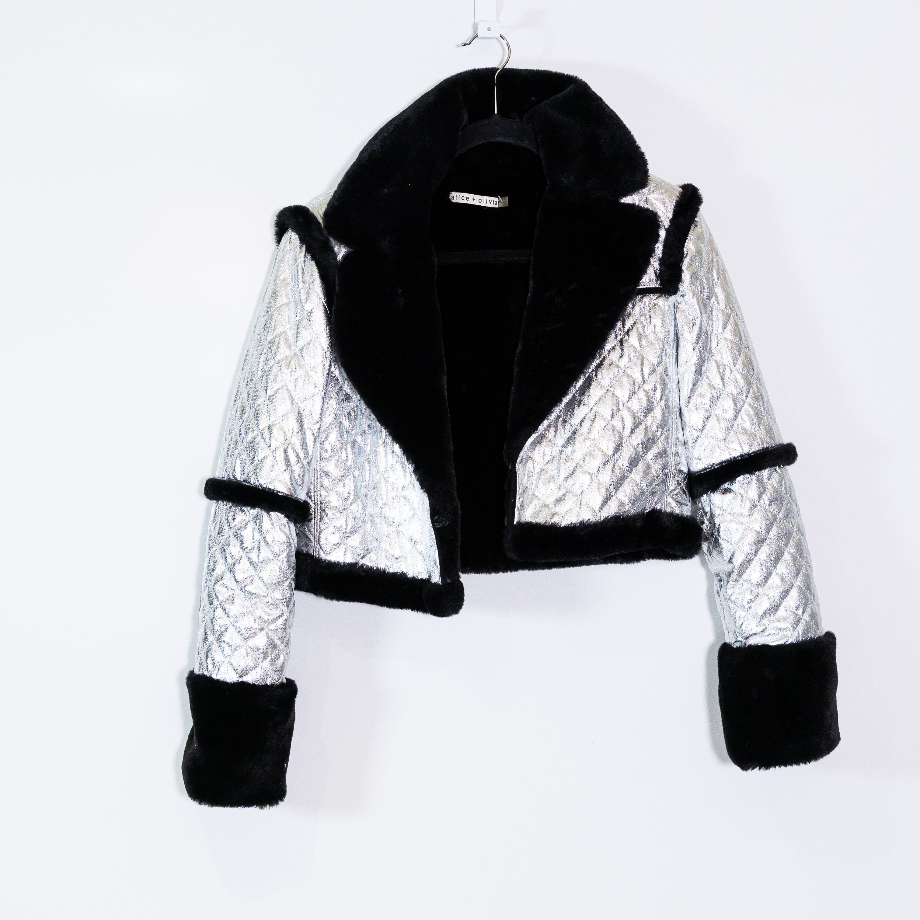 Alice And Olivia Luisana Quilted Metallic Vegan Leather Cropped Coat Silver S