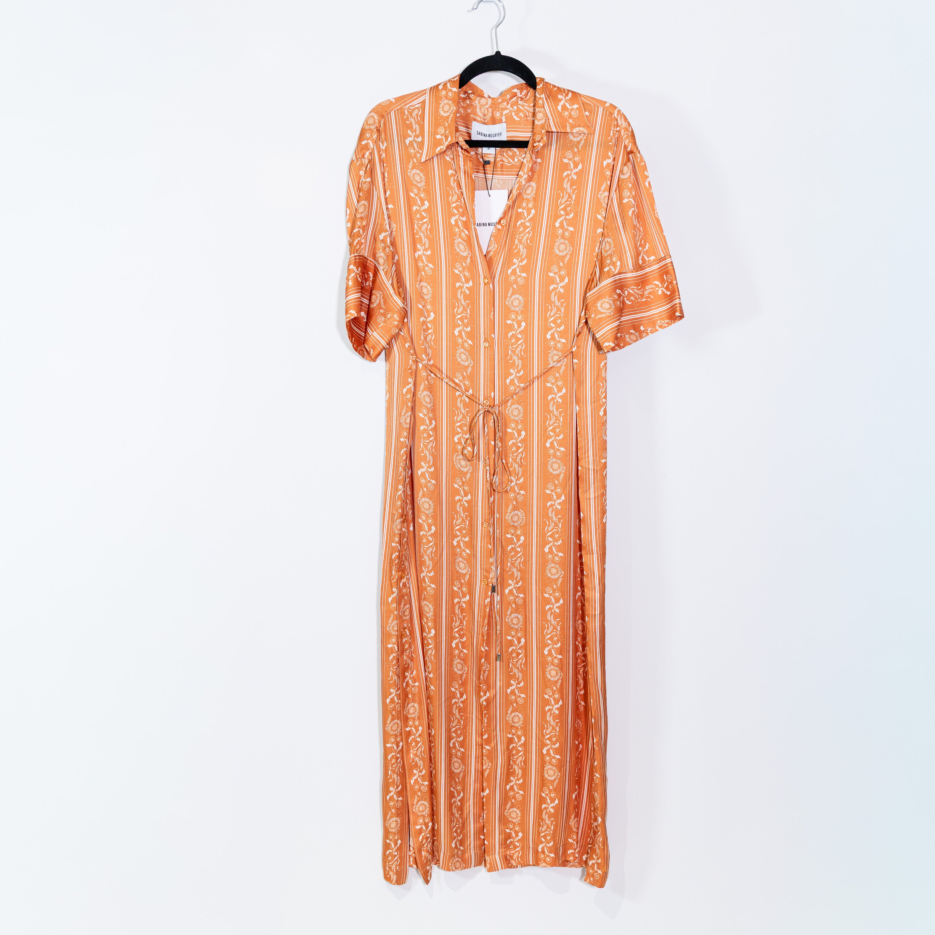 NEW Sabina Musayev Event Button Front Collared Satin Orange Print Top Dress M