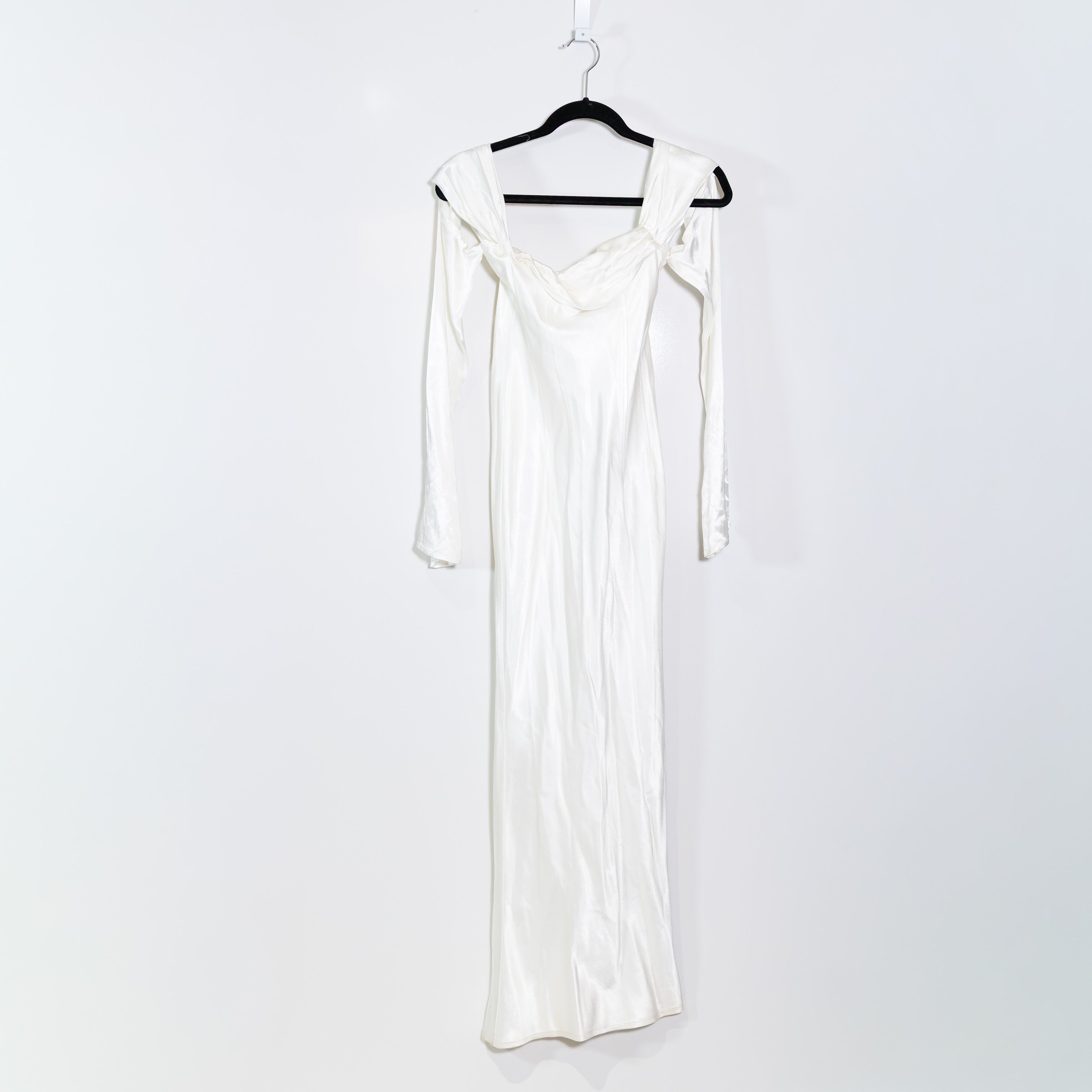 Meshki Giselle Off Shoulder Cowl Neck Long Sleeve Satin Maxi Dress White XS