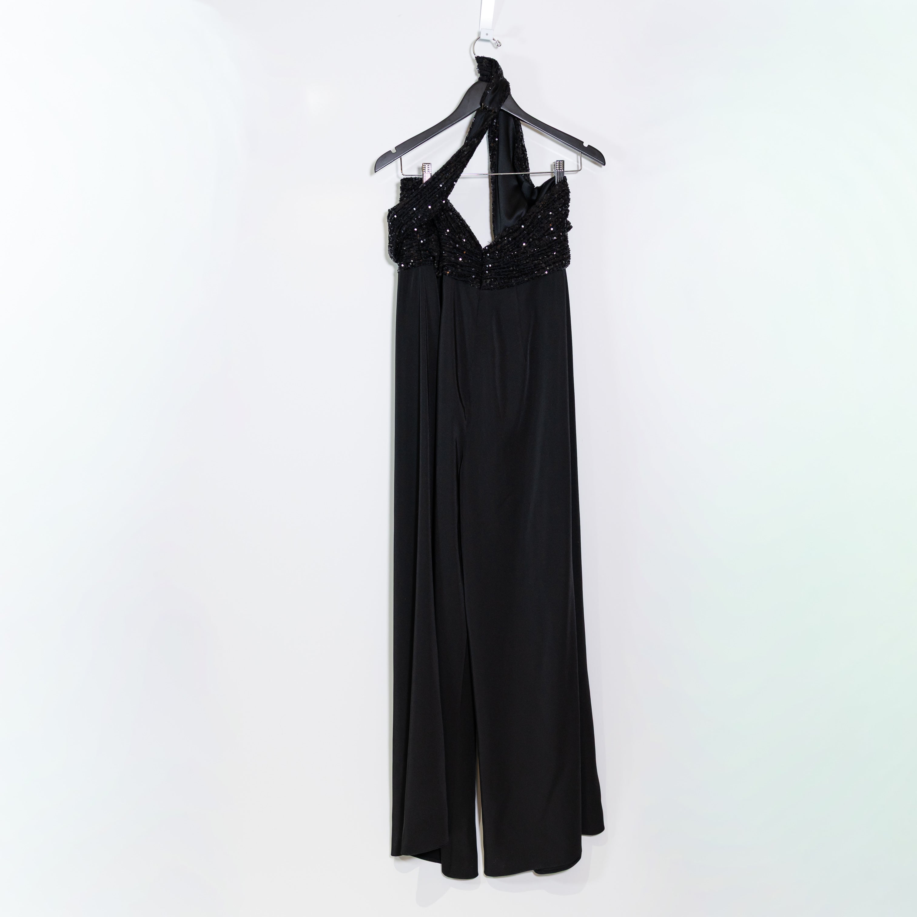 Ieena Mac Duggal Satin Sequin Glitter Embellished Cross Neck Halter Jumpsuit 14